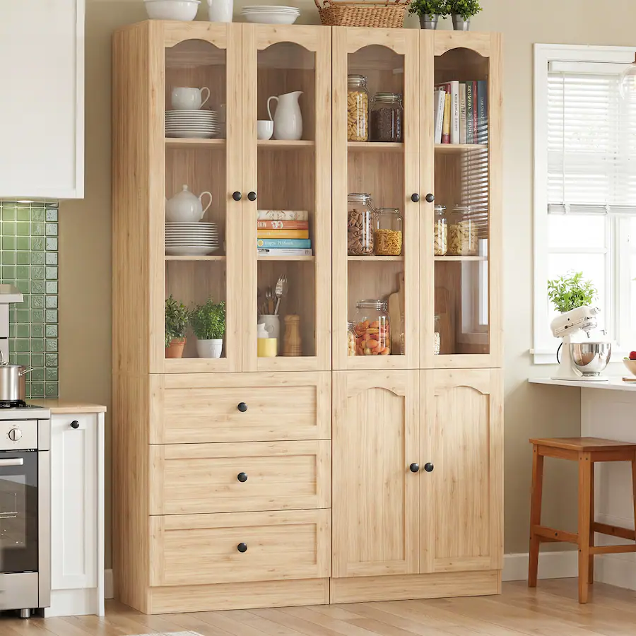 Aheaplus 80'' Tall Pantry Cabinet Set of 2, with 3 Drawers, Glass Doors ...