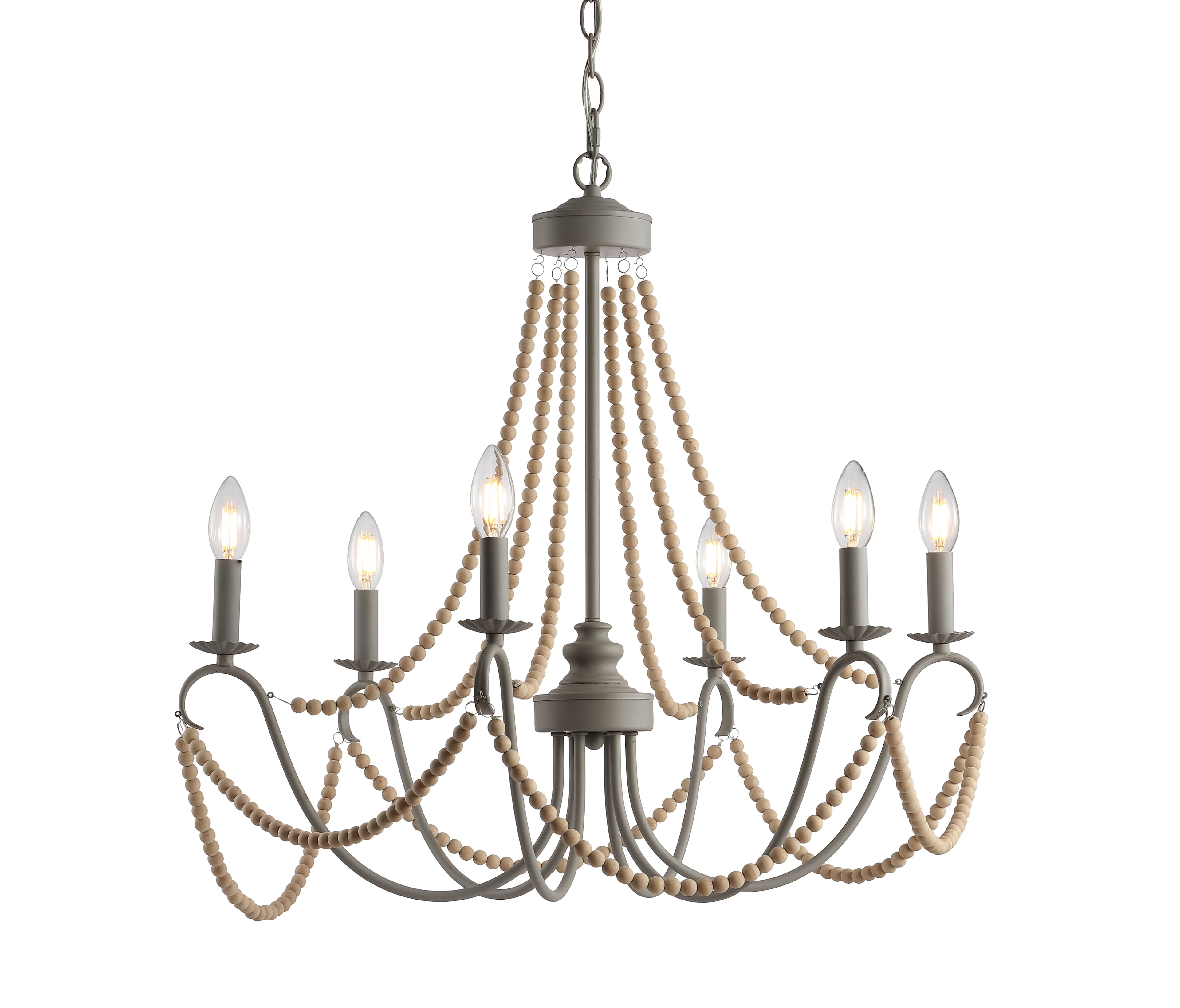 "Jonathan Y - Rustica 6-Light 27"" Adjustable Greige Metal/Wood Bead LED Chandelier, Grey/Natural - Gray/Natural" price history on PriceWatchPro