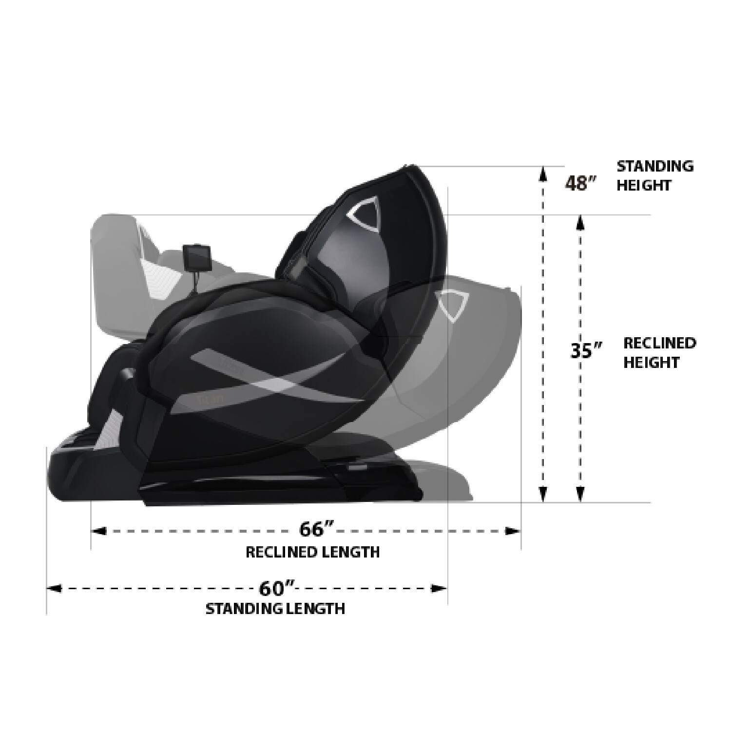 STANDING HEIGHT: 48"  
RECLINED HEIGHT: 35"  
RECLINED LENGTH: 66"  
STANDING LENGTH: 60"