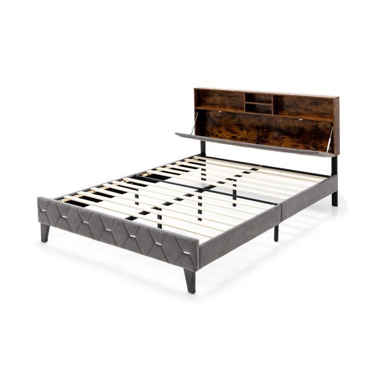 Angle. Hivvago - Hivvago Queen Size Velvet Upholstered Open/Close Storage Headboard Platform Bed - Rustic Brown.