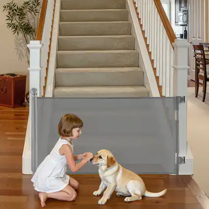 Front. VEVOR - Retractable Baby Gate, Extends to 56.3 inch Wide, 31.3 inch Tall, with Security Lock, Easy to Use.
