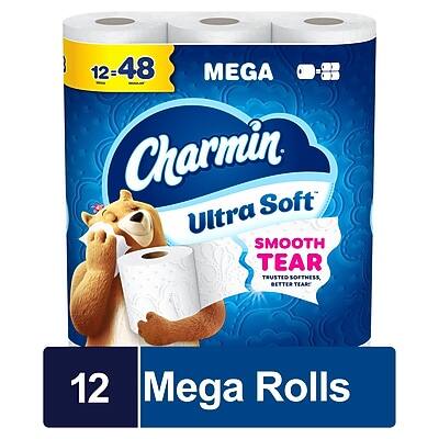 12 Mega Rolls  
Charmin Ultra Soft  
Smooth Tear  
Twisted Softness, Extra Soft  
12 = 48