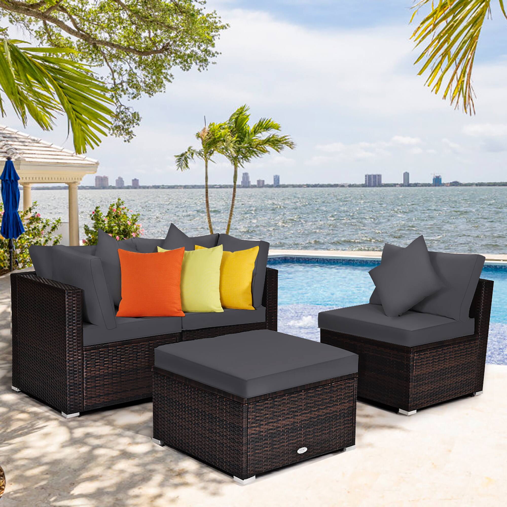 Alt View 1. Costway - 4PCS Patio Rattan Furniture Set Sofa Ottoman Cushion Garden Deck - Grey.
