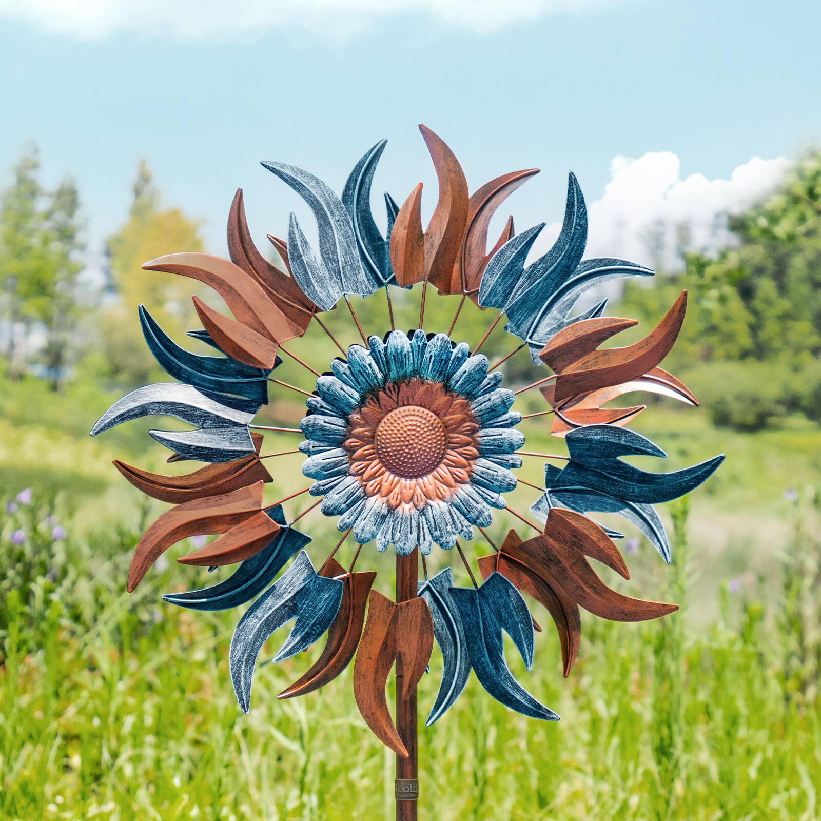 Angle. A Anleolife - 84 in. H Large Metal Kinetic Wind Spinner Classic Yard Art with 2 Piece Welcome Flag Decoration for Garden - Multi-Colored.
