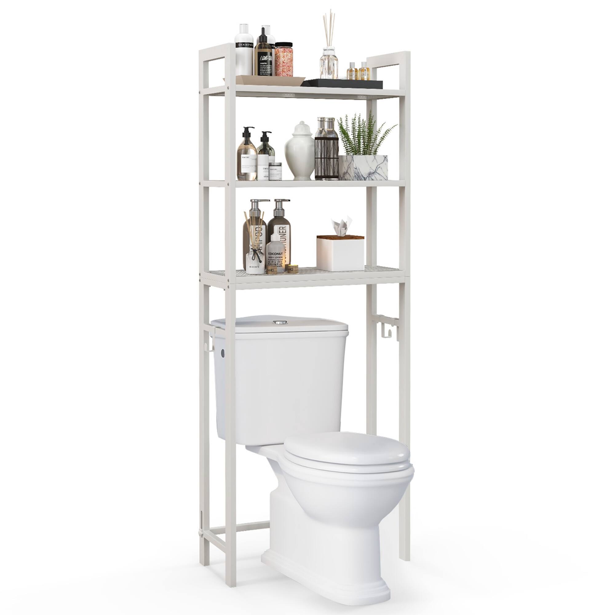 Costway - Over-The-Toilet Storage Shelf Space Saving Metal Bathroom Organizer Hooks White - White