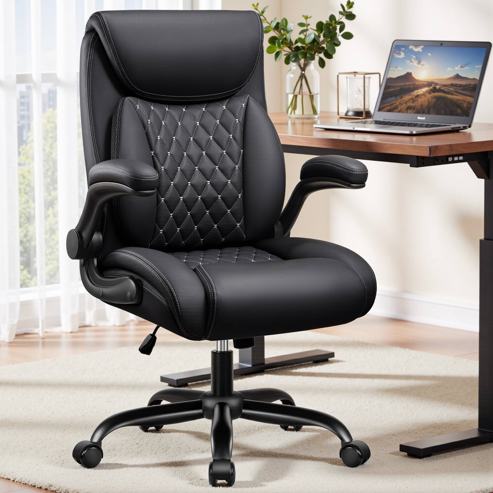 Alt View 5. KERDOM - Ergonomic PU Leather Office Chair, Executive Chair with Lumbar Support for Lower Back Pain Relief, Padded Flip-up Arms - Black.