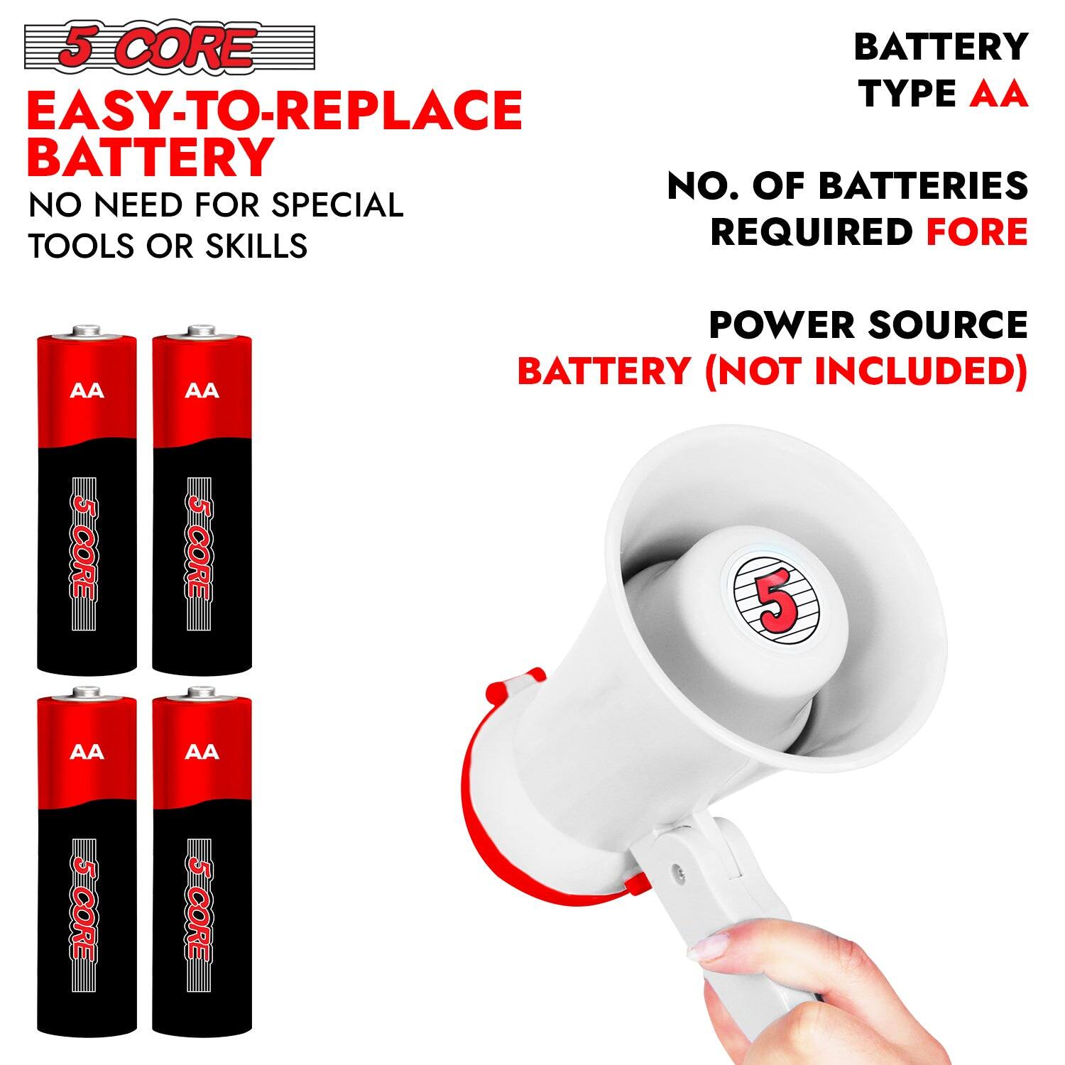 5 CORE  
EASY-TO-REPLACE BATTERY  
NO NEED FOR SPECIAL TOOLS OR SKILLS  

BATTERY TYPE AA  

NO. OF BATTERIES REQUIRED: 5  

POWER SOURCE: BATTERY (NOT INCLUDED)