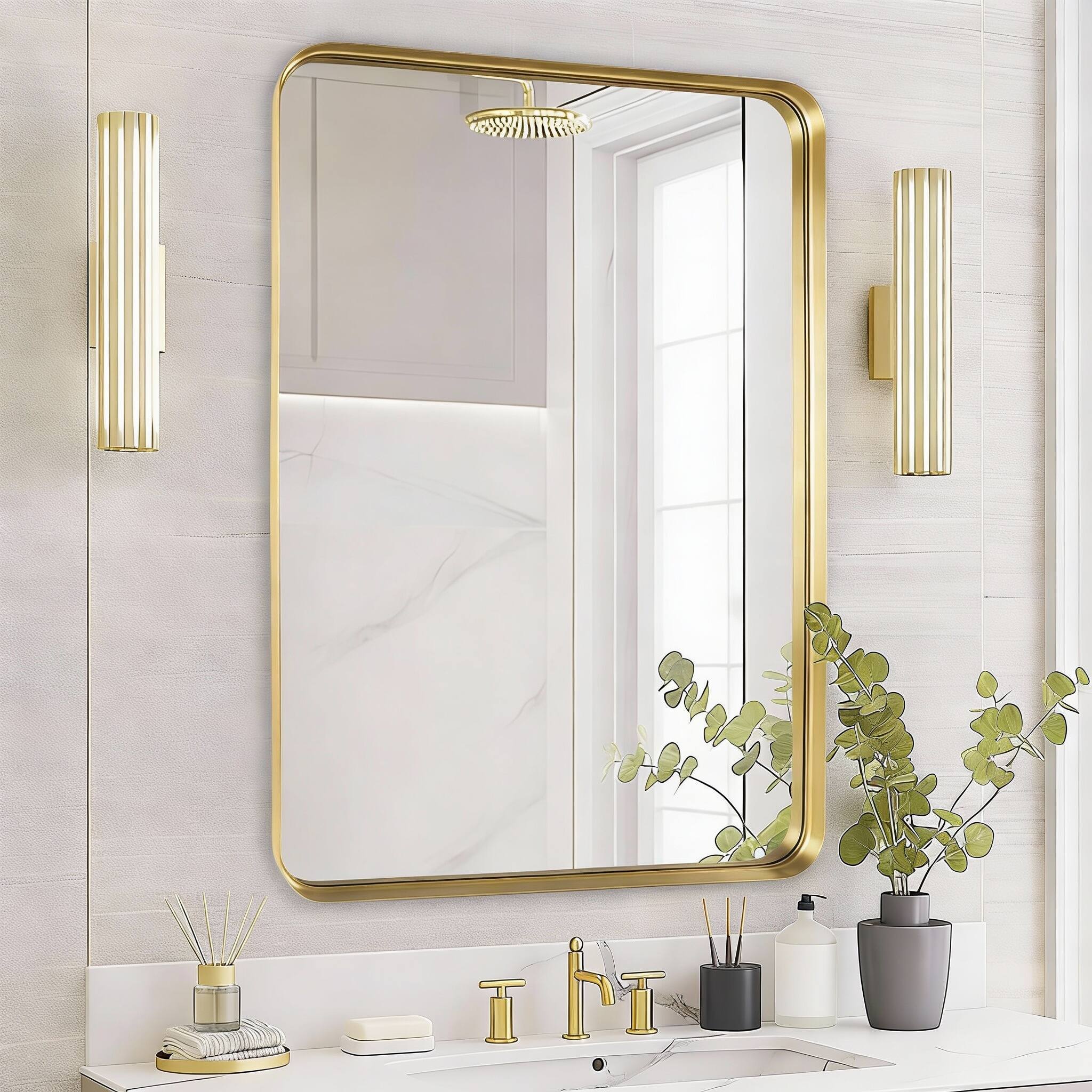 Front. METALTON - Bathroom Mirror Over Sink Framed Matte Vanity Wall Mounted Decor For Living Room Restroom Entryway Hangs Ve - Gold 24"L x 36"W.