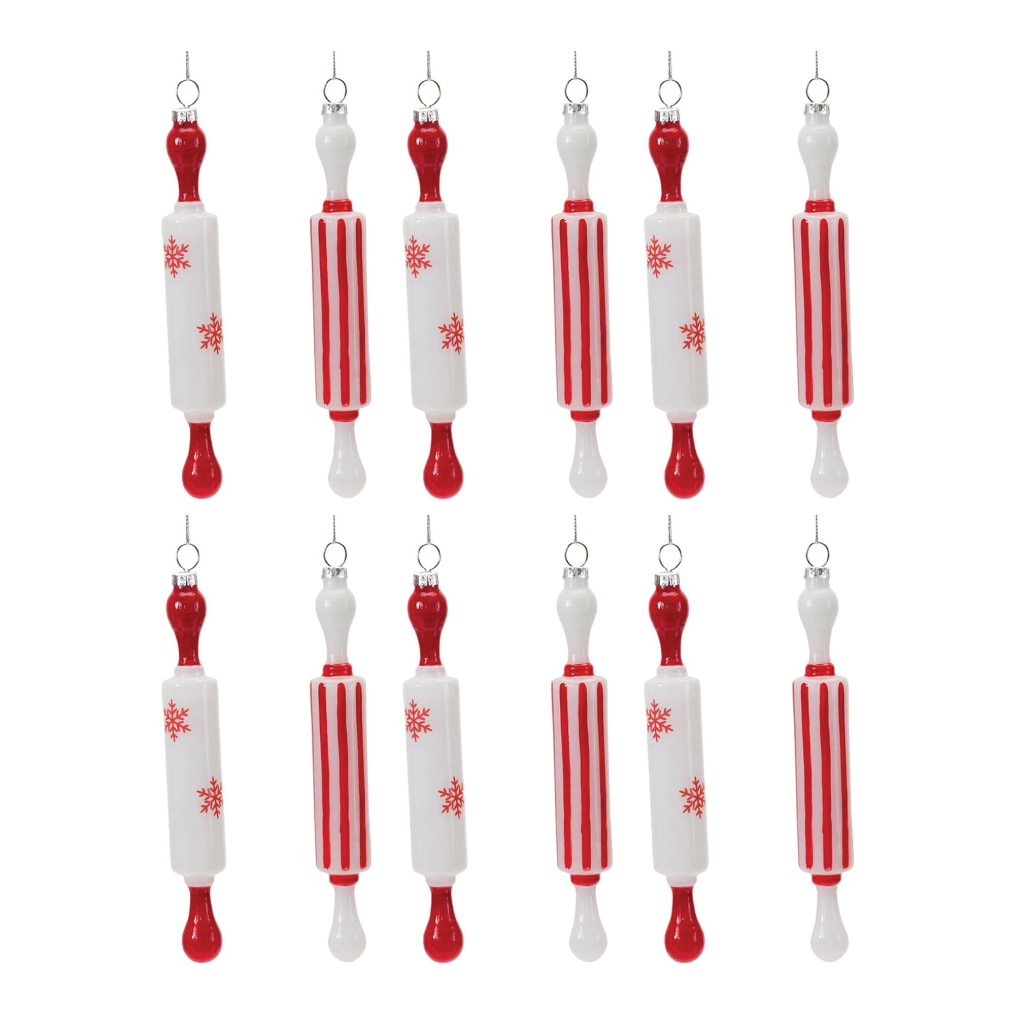 Left. BreeBe - Glass Rolling Pin Ornament (Set of 12) - Red, White.