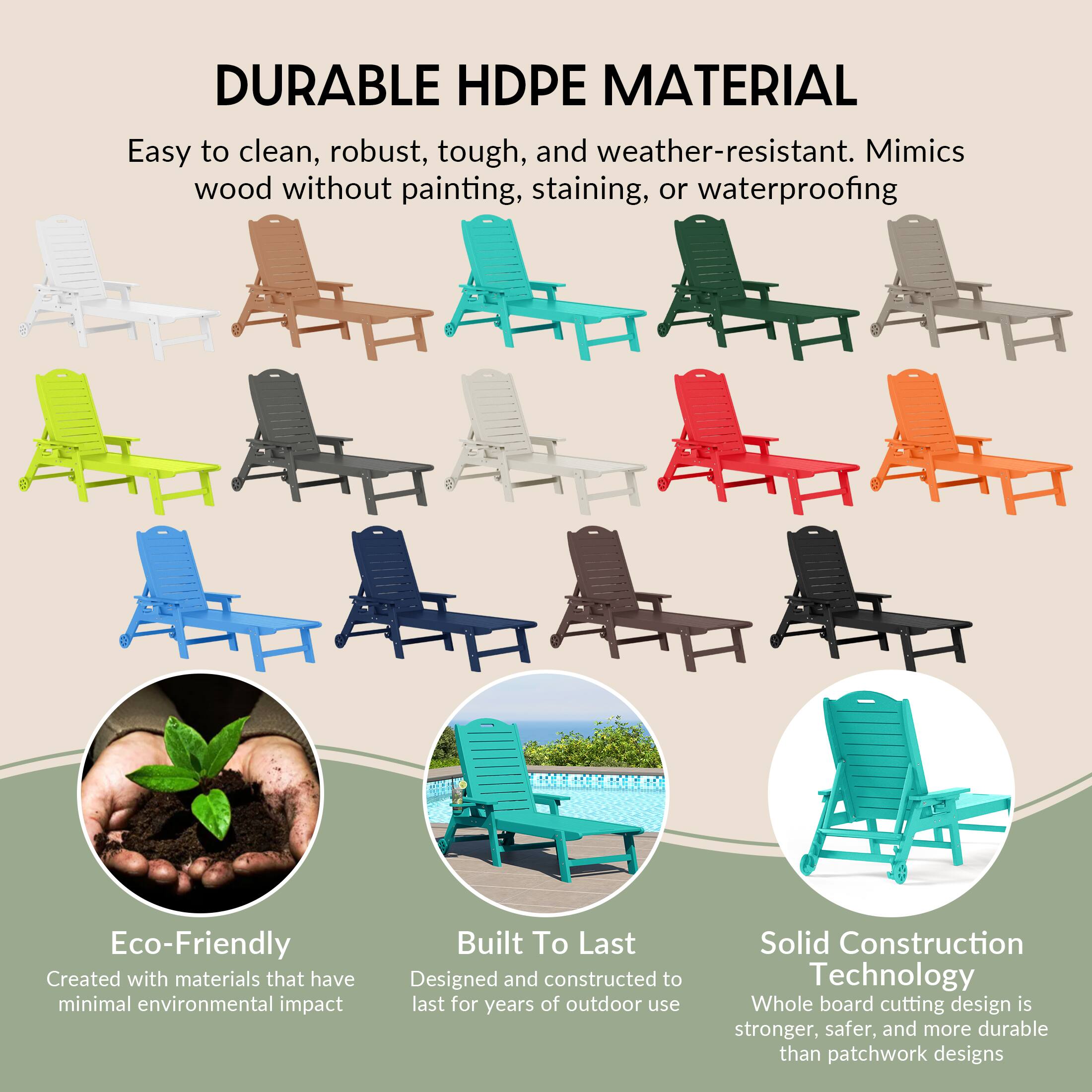 DURABLE HDPE MATERIAL

Easy to clean, robust, tough, and weather-resistant. Mimics wood without painting, staining, or waterproofing

Eco-Friendly
Created with materials that have minimal environmental impact

Built To Last
Designed and constructed to last for years of outdoor use

Solid Construction Technology
Whole board cutting design is stronger, safer, and more durable than patchwork designs