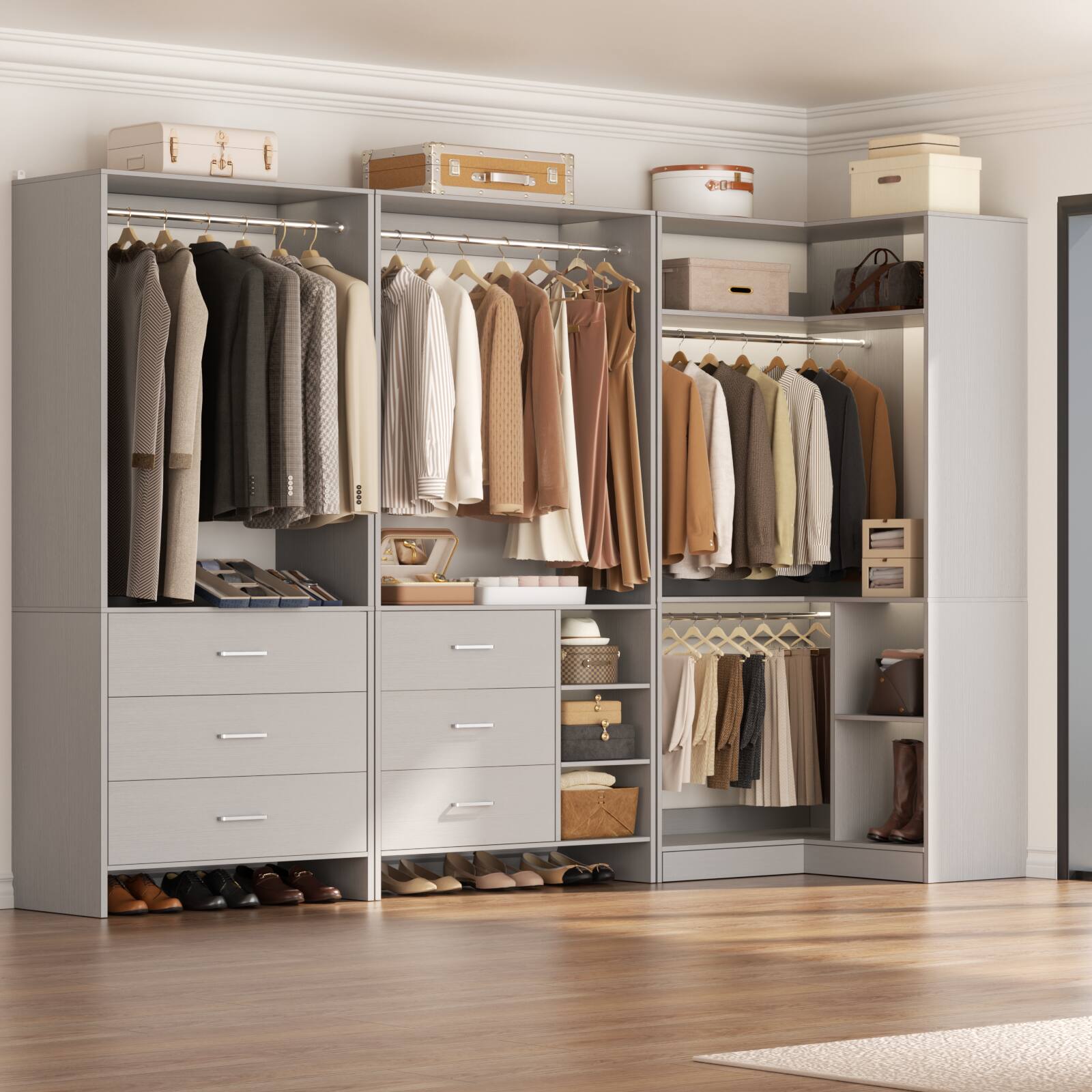 Alt View 6. Aheaplus - L Shaped Closet System with 6 Drawers, 4 Hanging Rods, and Corner Tower, 80.9'' Corner Wardrobe System, Reversible - Gray.
