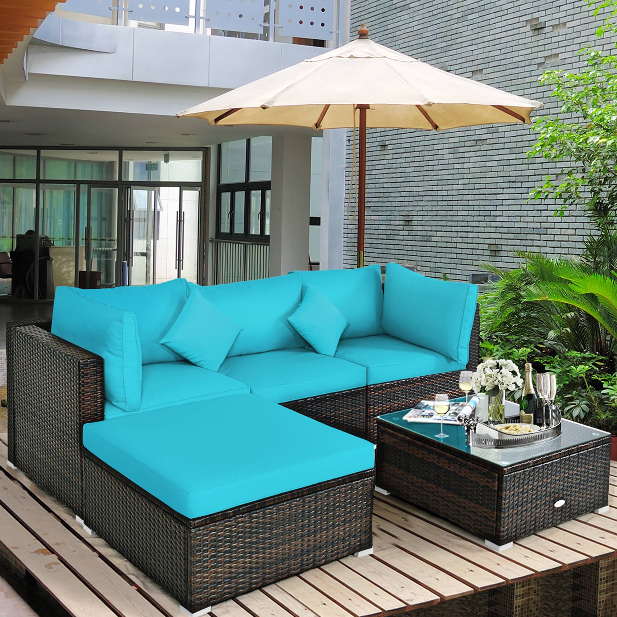 Alt View 3. Gymax - Gymax 5PCS Rattan Patio Conversation Set Outdoor Furniture Set w/ Ottoman Turquoise Cushion - Turquoise.