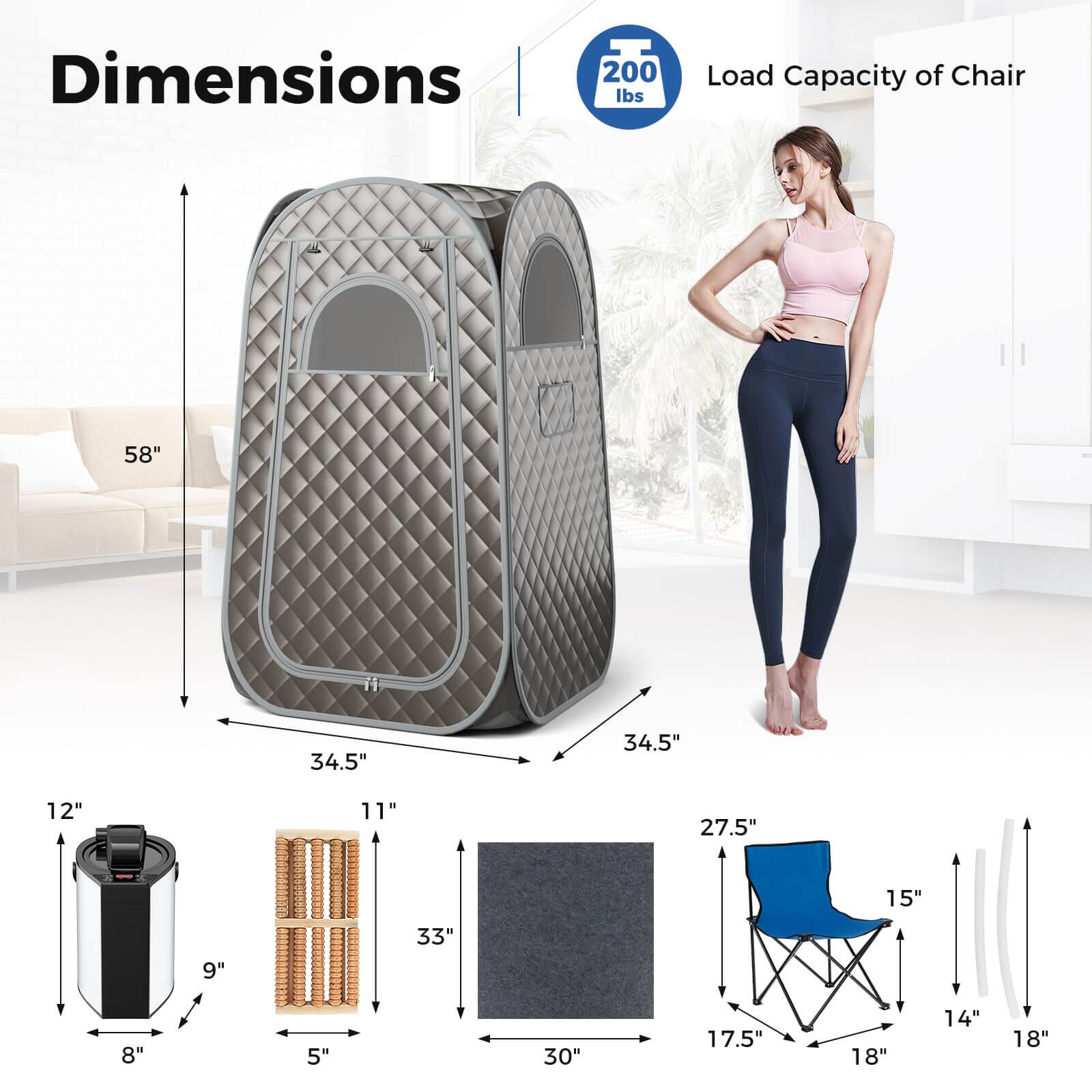 Dimensions: 58" x 34.5" x 34.5"
Load Capacity of Chair: 200 lbs

The image features a woman standing next to a large chair, which is a part of a furniture set. The chair is designed to hold a significant amount of weight, making it suitable for various purposes. The woman is posing confidently next to the chair, showcasing the size and design of the furniture.
