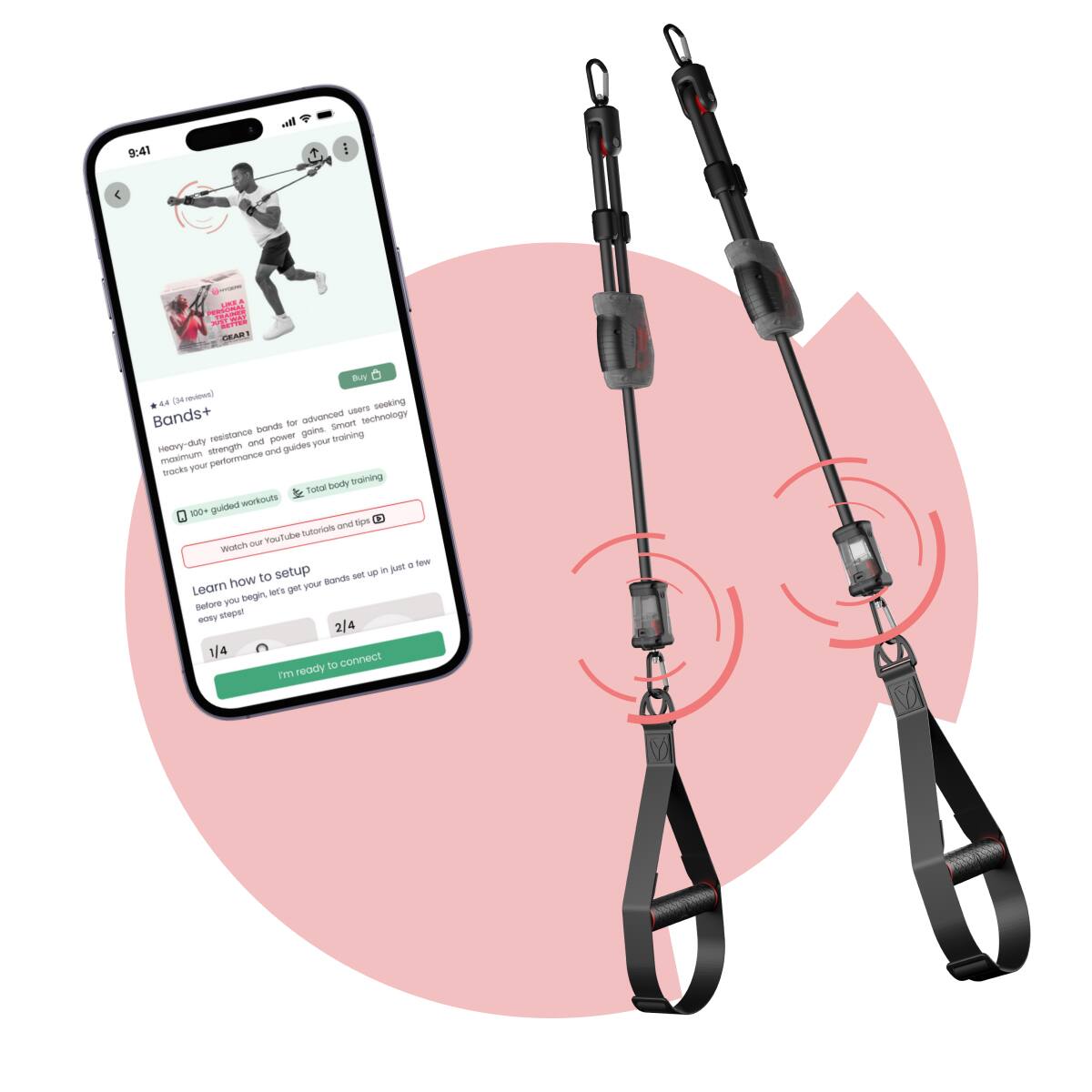 Sure, here is the corrected and grouped text from the image:

---

**Bands+**

**4.4 (34 reviews)**

Heavy-duty resistance bands for advanced users, seeking heavy-duty resistance, power gains, and guided training. Tracks your performance and guides your training.

**100+ guided workouts**  
**Total body training**

**Buy**  
**Watch**

**Learn how to setup**  
Before you begin, let's get your Bands+ set up in just 6 few easy steps!

**1/4**  
**2/4**

**I'm ready to connect**

---

**YouTube tutorials and tips**

---

**1/4**  
**2/4**  
**I'm ready to connect**