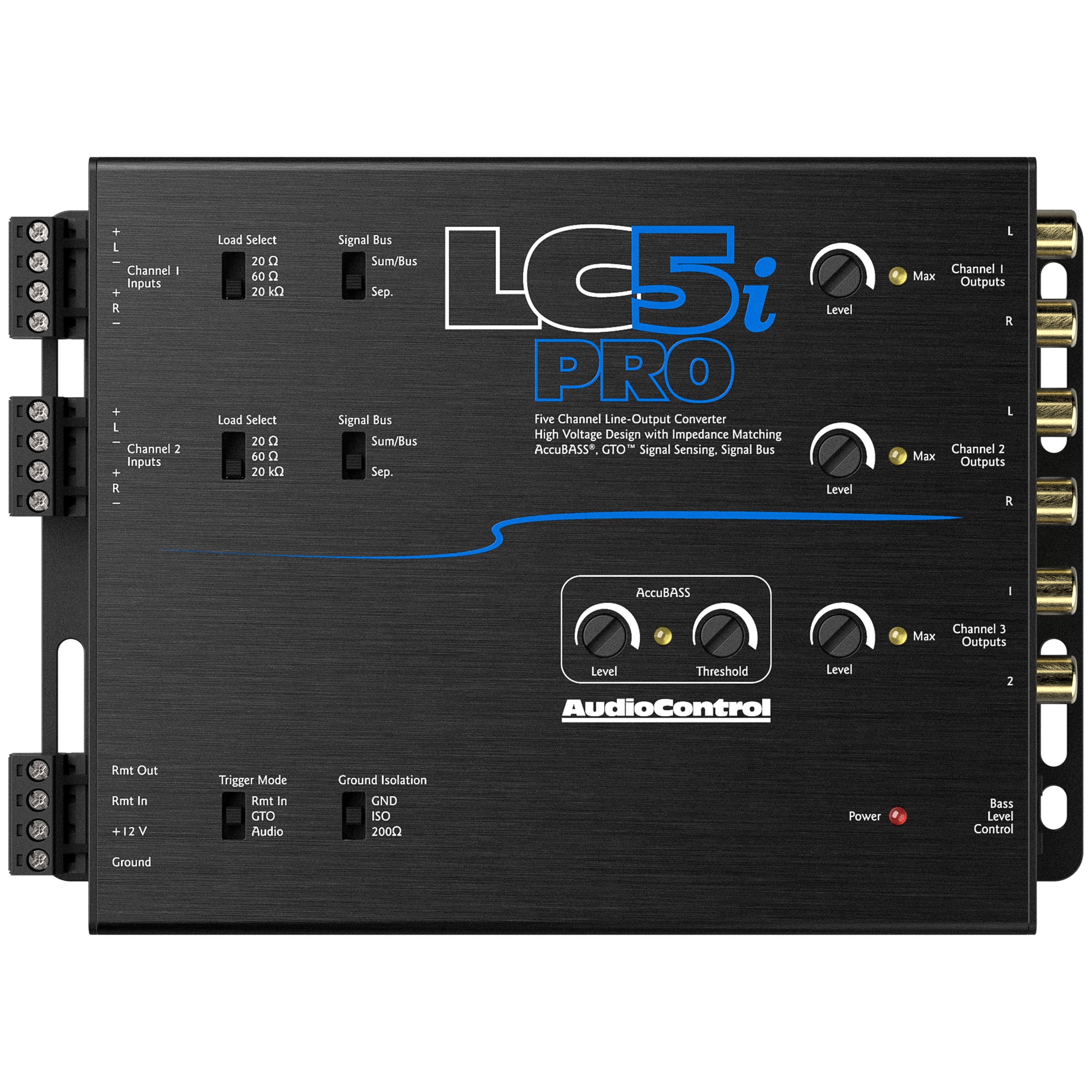 AudioControl LC5i PRO Signal Bus Sum/Bus Sep. LCSi Level PRO Signal Bus Sum/Bus AccuBASS*. GTO Signal Sensing. Signal Bus Sep. Level L Channel - Max Outputs I Channel 2 Max Outputs R AccuBASS I Channel 3 Max Outputs Level Threshold Level AudioControl 2 Fmt Out Rmt in + 2 V Trigger Mode Rmt In CT Audio Ground Isolation GND IO 200 Power Bass Level Control Ground