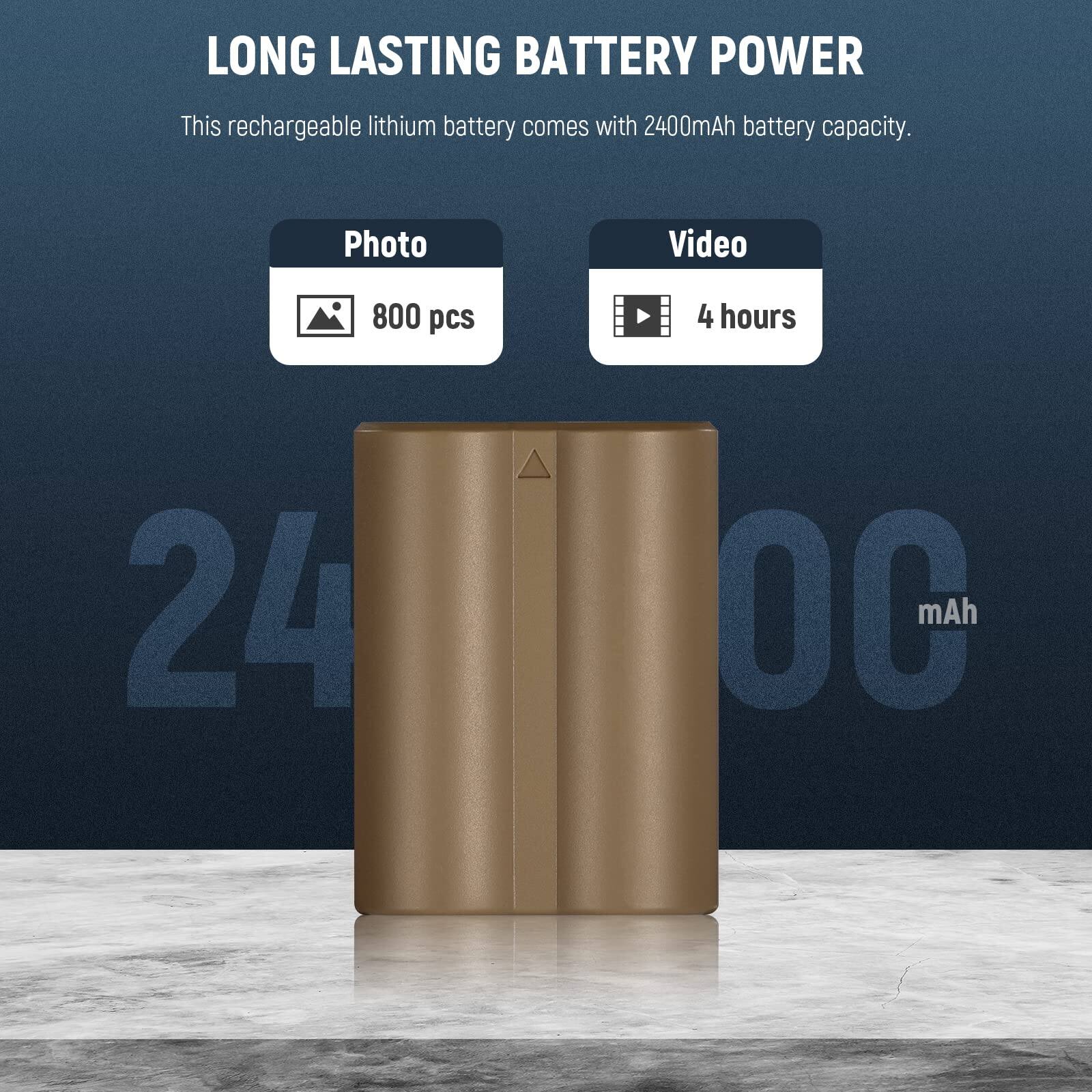 LONG LASTING BATTERY POWER  
This rechargeable lithium battery comes with 2400mAh battery capacity.  

Photo: 800 pcs  
Video: 4 hours