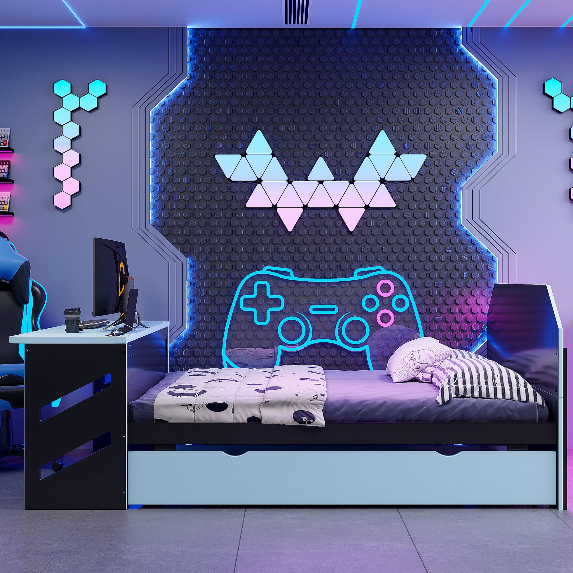 Left. Anysun - Full Size Wood Daybed with Twin Size Trundle,Desk and USB - Blue.