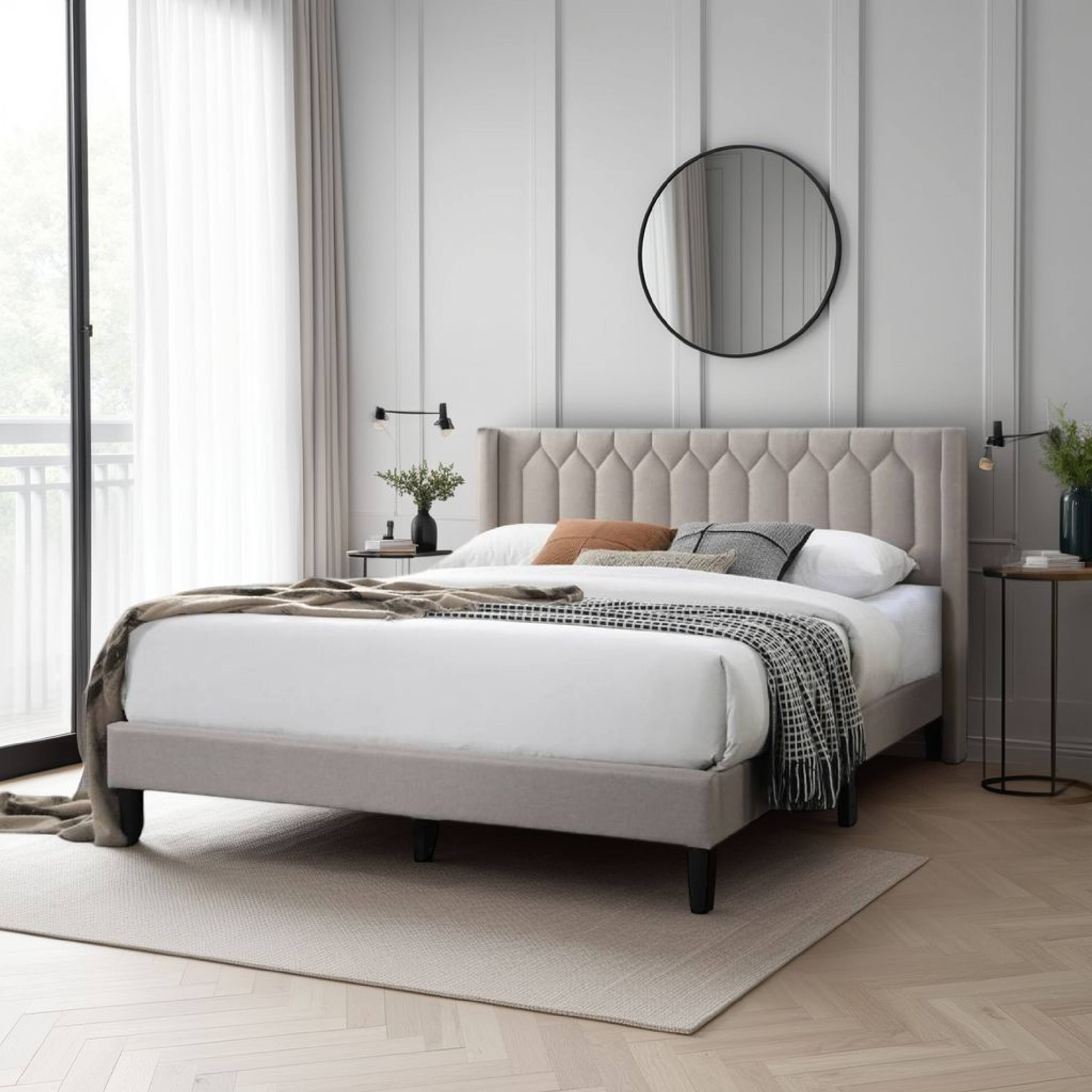 Alt View 5. Manhattan Lane - Jeo Queen Size Bed, Geometric Stitched Light Brown Burlap Upholstery - Light Brown, Black.