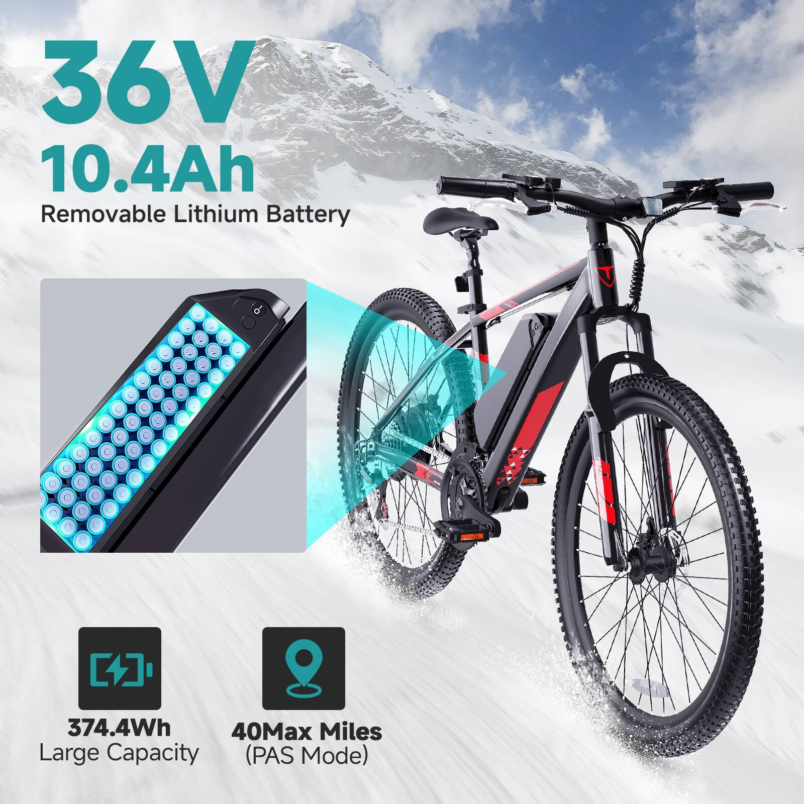 36V 10.4Ah Removable Lithium Battery

374.4Wh Large Capacity

40Max Miles (PAS Mode)