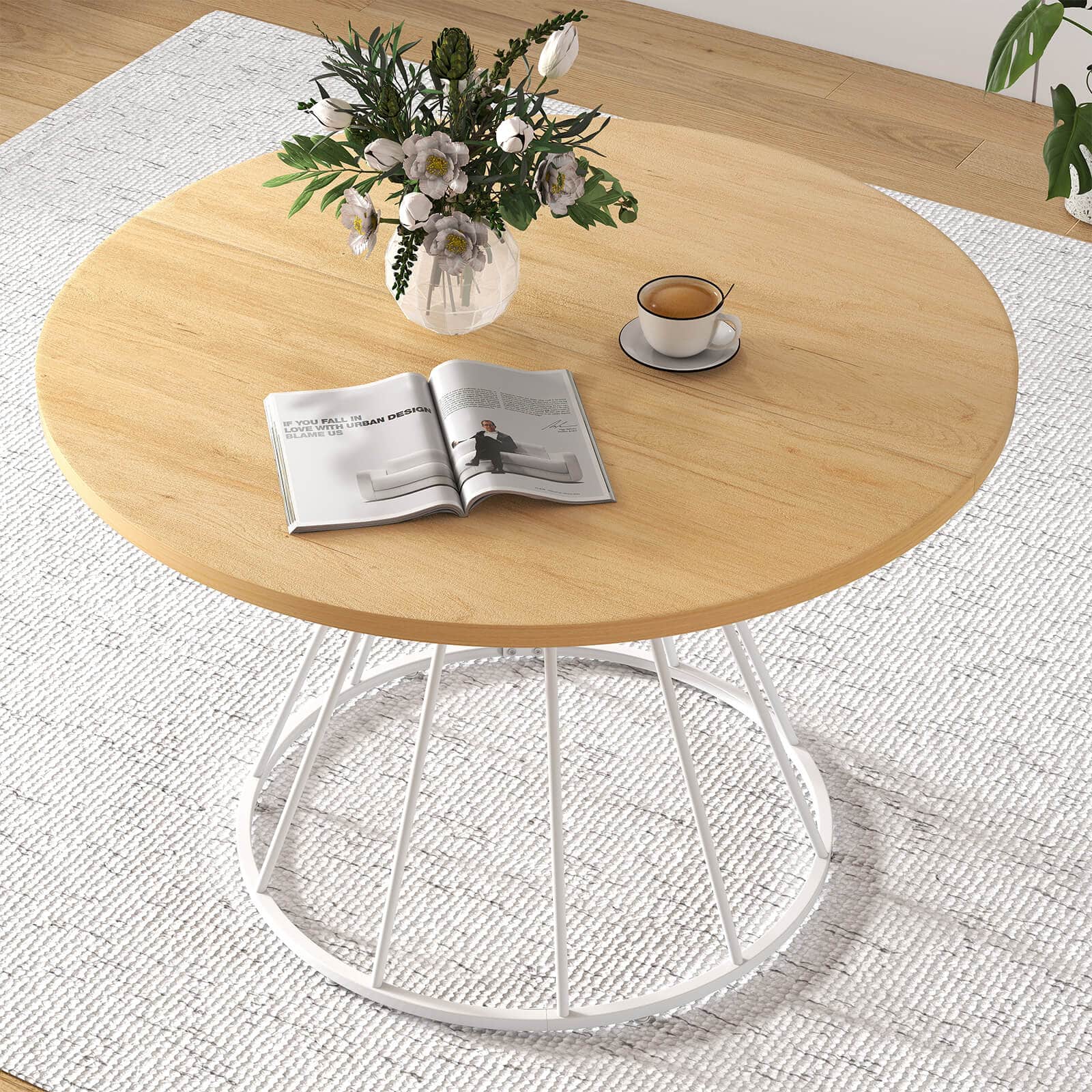 Costway - 47" Round Dining Table with Wooden Tabletop, Metal Base for Home Dining Room - Natural+ White