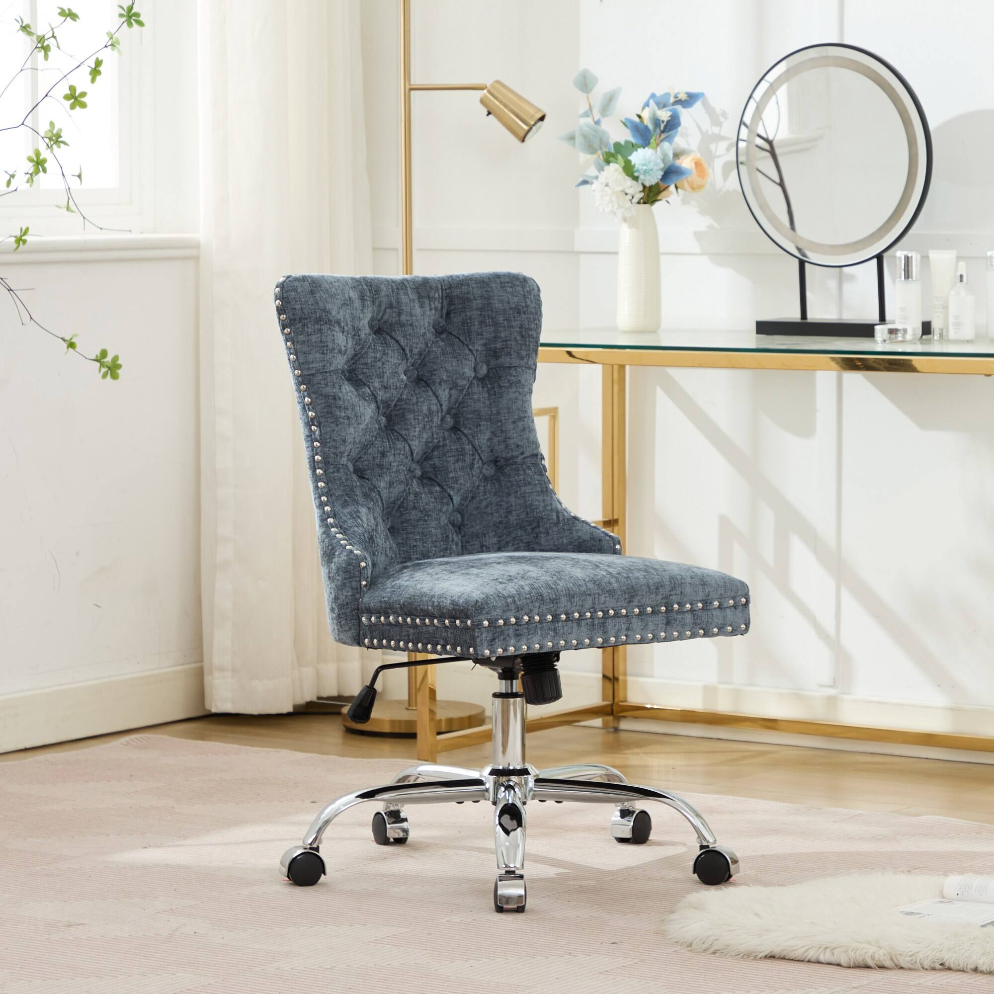 Angle. Spaco - Spaco Office Chair, Executive Chair with Modern Chenille, Tufted Button, Chrome Base, Adjustable Swivel, for Home Office - Light Blue.