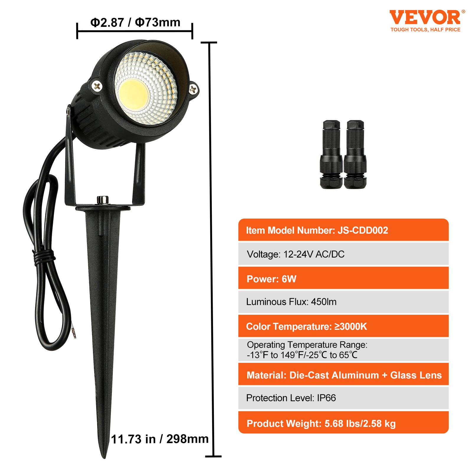 **VEVOR**
TOUGH TOOLS, HALF PRICE
---
**Item Model Number:** JS-CDD002
**Voltage:** 12-24V AC/DC
**Power:** 6W
**Luminous Flux:** 450lm
**Color Temperature:** ≥3000K
**Operating Temperature Range:** -13°F to 149°F / -25°C to 65°C
**Material:** Die-Cast Aluminum + Glass Lens
**Protection Level:** IP66
**Product Weight:** 5.68 lbs / 2.58 kg
---
**Dimensions:**
- **Diameter:** 2.87 / 73mm
- **Height:** 11.73 in / 298mm