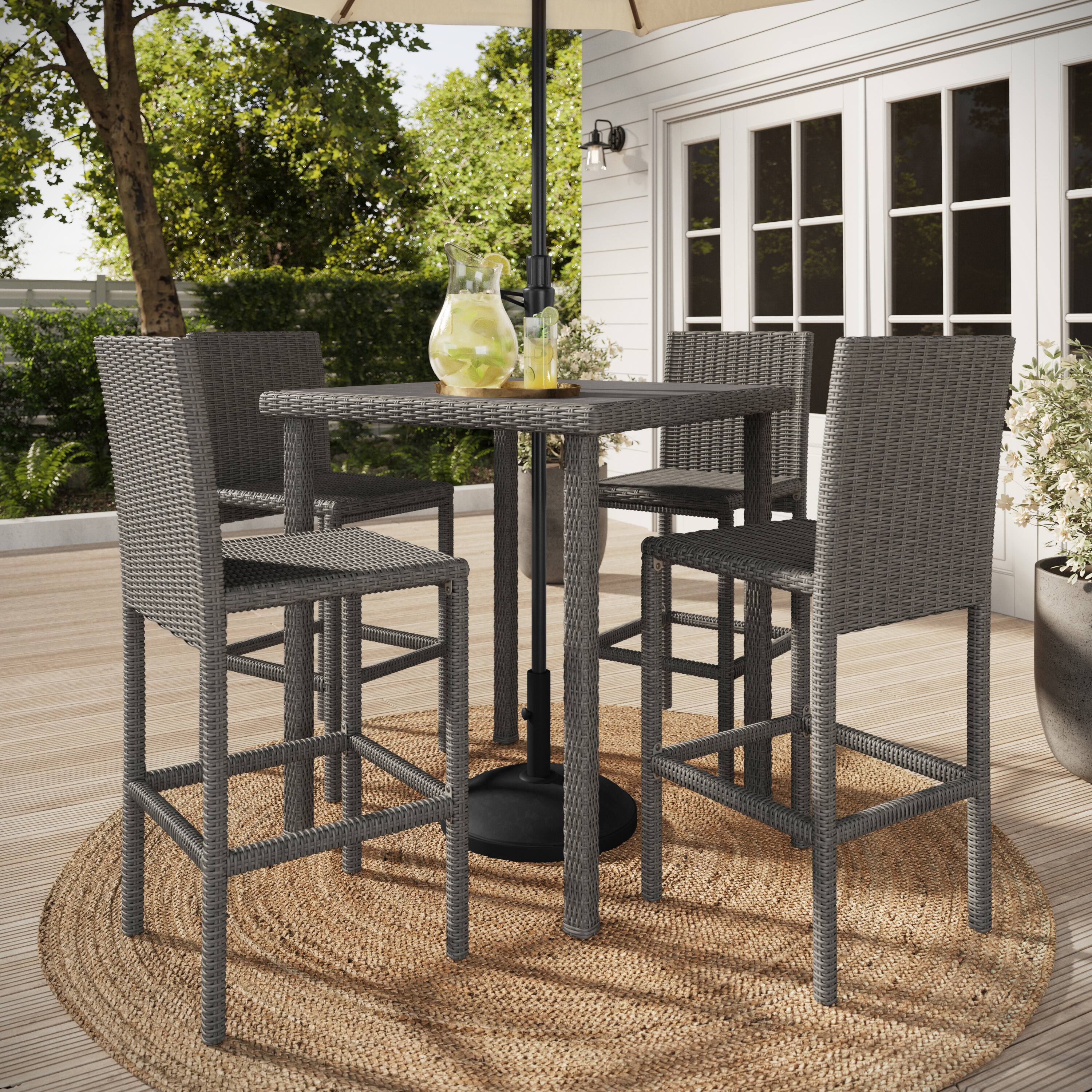 Alt View 1. Martha Stewart - Bedford 5-Piece Outdoor Rattan Wicker Patio Set with 4 Bar Stools, Bar Height Table - Gray.