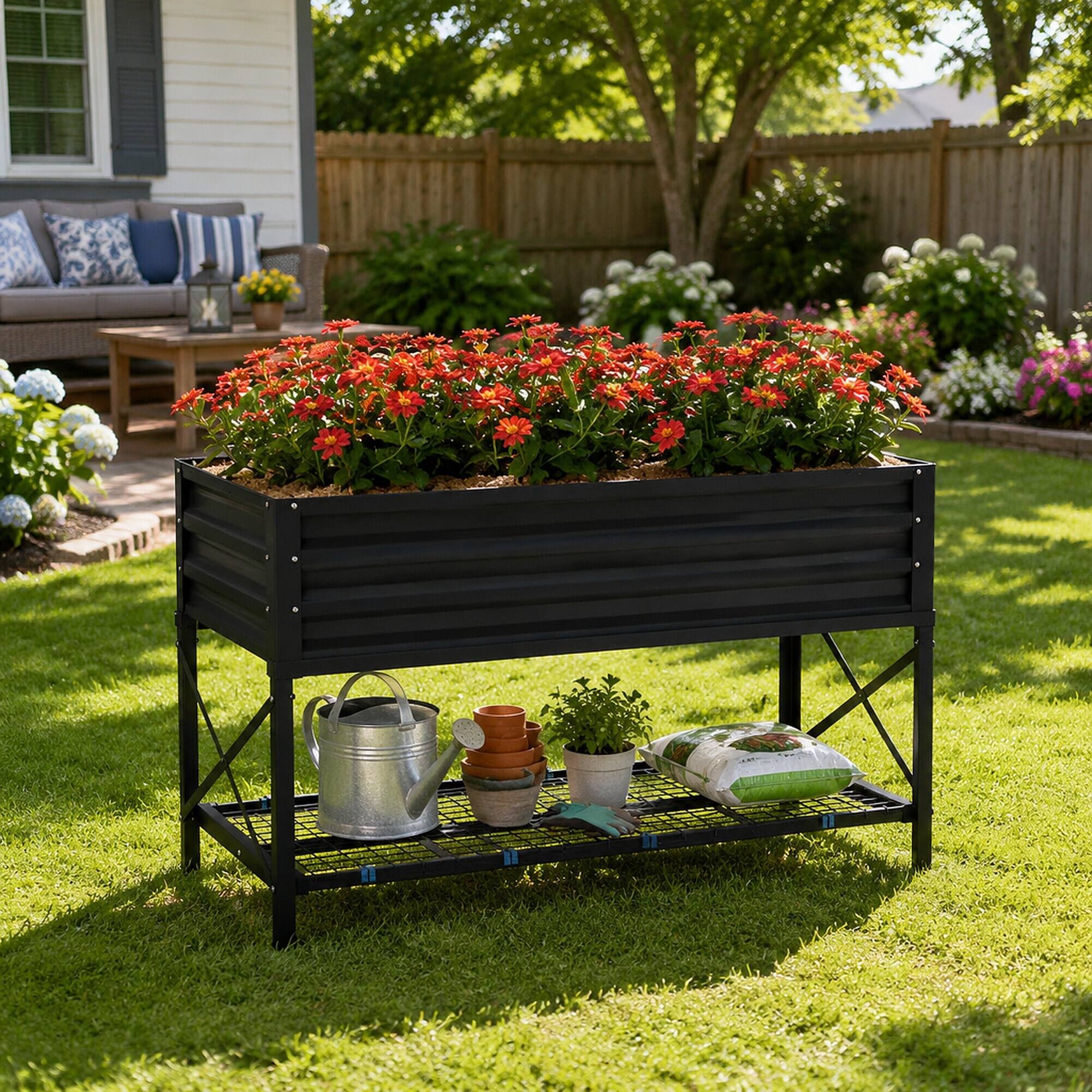 Alt View 2. RYHNUYNE - Galvanized Elevated Garden Bed with Storage Shelf, 41.75 Inch Metal Raised Planter Box with Non-Woven Liner - Dark Gray.