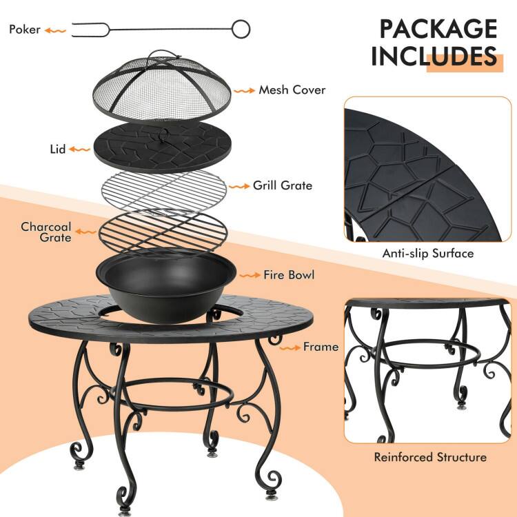 Poker  
Mesh Cover  
Lid  
Grill Grate  
Charcoal Grate  
Fire Bowl  
Anti-slip Surface  
Frame  
Reinforced Structure