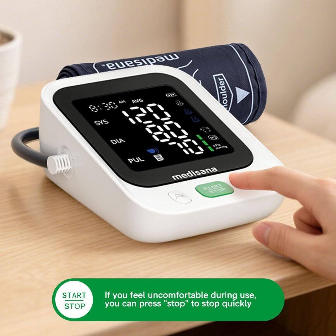 medisana (A  AM AVG  . P:30  I. SYS oulder DIA PUL kPe mening medisana START STOP START STOP

If you feel uncomfortable during use, you can press "stop" to stop quickly