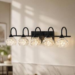 RYHNUYNE - 29-Inch 5-Light Black Vanity Light with Crystal Shades for Bathroom, Powder Room, and Dressing Area – Wall-Mounted