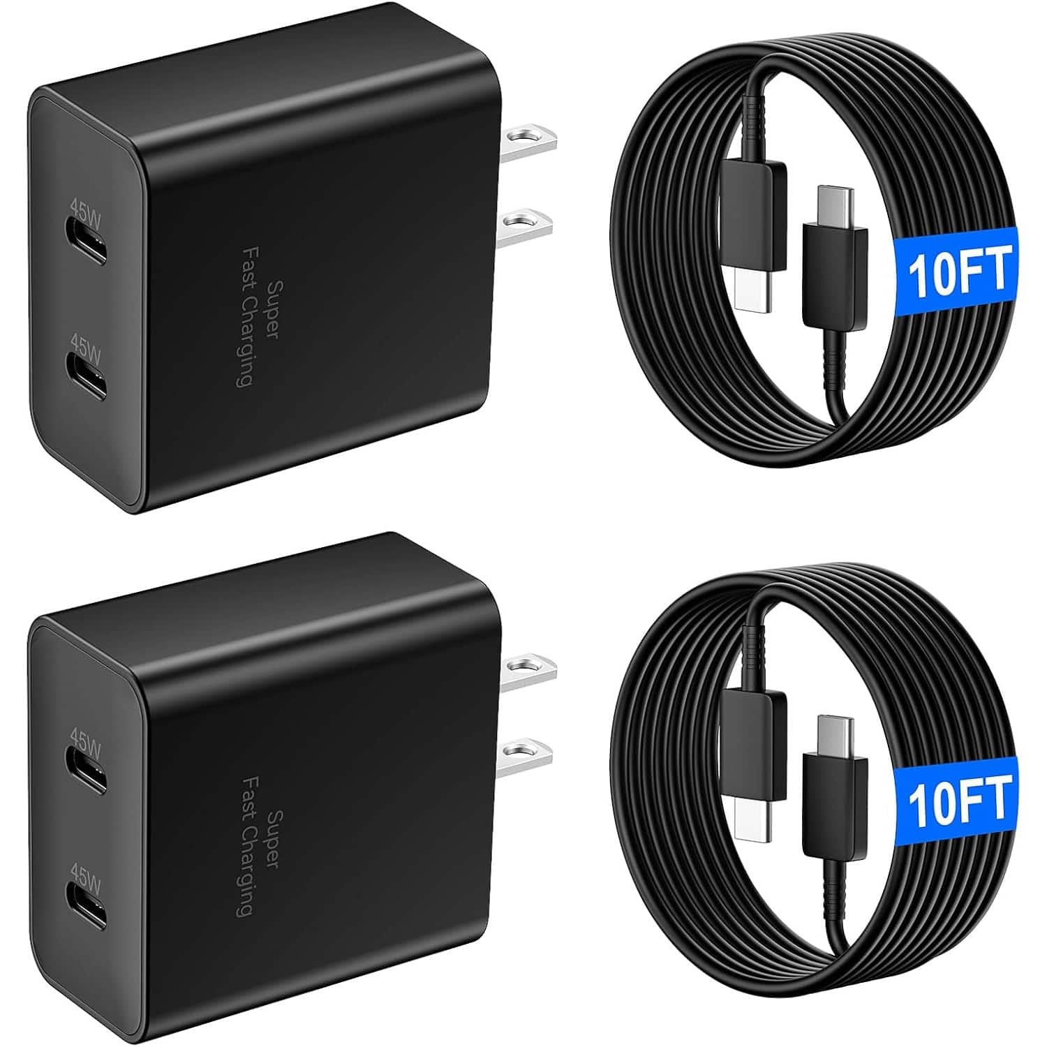 MOSZAR LLC - 45W USB-C Fast Charger with 10FT Cable – for Samsung S25/S24/S23/S22 Ultra, 2-Port Charging Block - Black