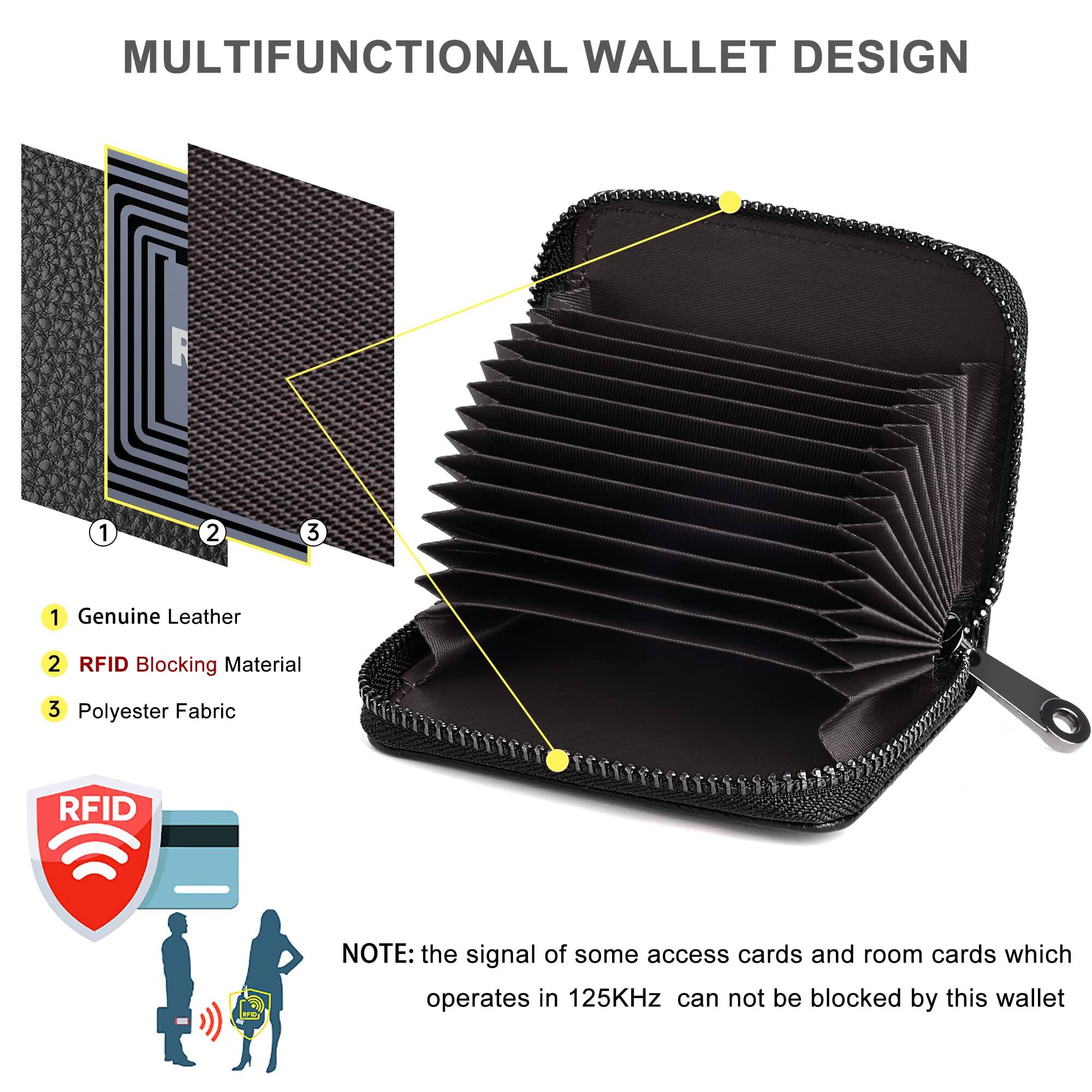 MULTIFUNCTIONAL WALLET DESIGN

1. Genuine Leather
2. RFID Blocking Material
3. Polyester Fabric

NOTE: The signal of some access cards and room cards which operates in 125KHz can not be blocked by this wallet