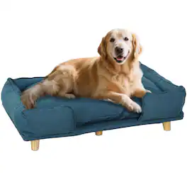 Pawhut - Dog Sofa, Raised Couch with Comfortable Cushion, Pine Legs, Foot Pads, Large-Sized Dogs Indoor Use - Blue