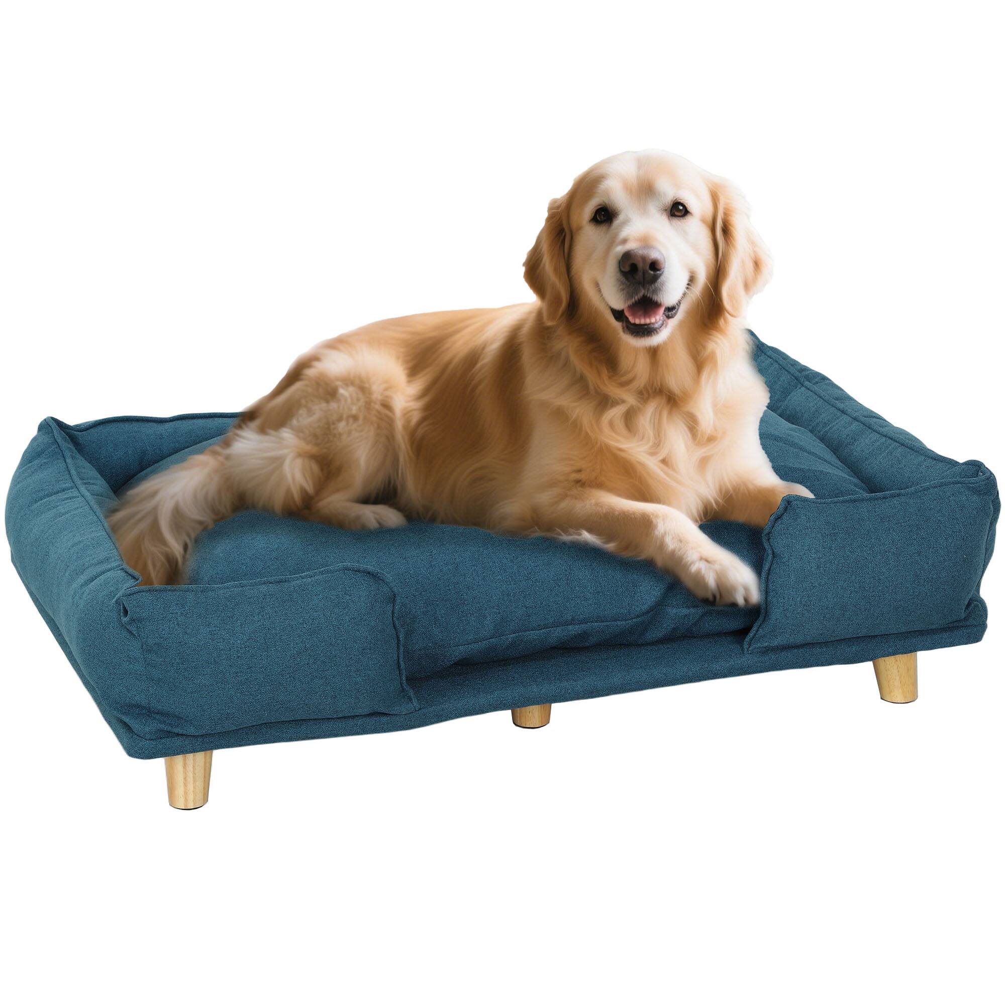 Front. Pawhut - Dog Sofa, Raised Couch with Comfortable Cushion, Pine Legs, Foot Pads, Large-Sized Dogs Indoor Use - Blue.