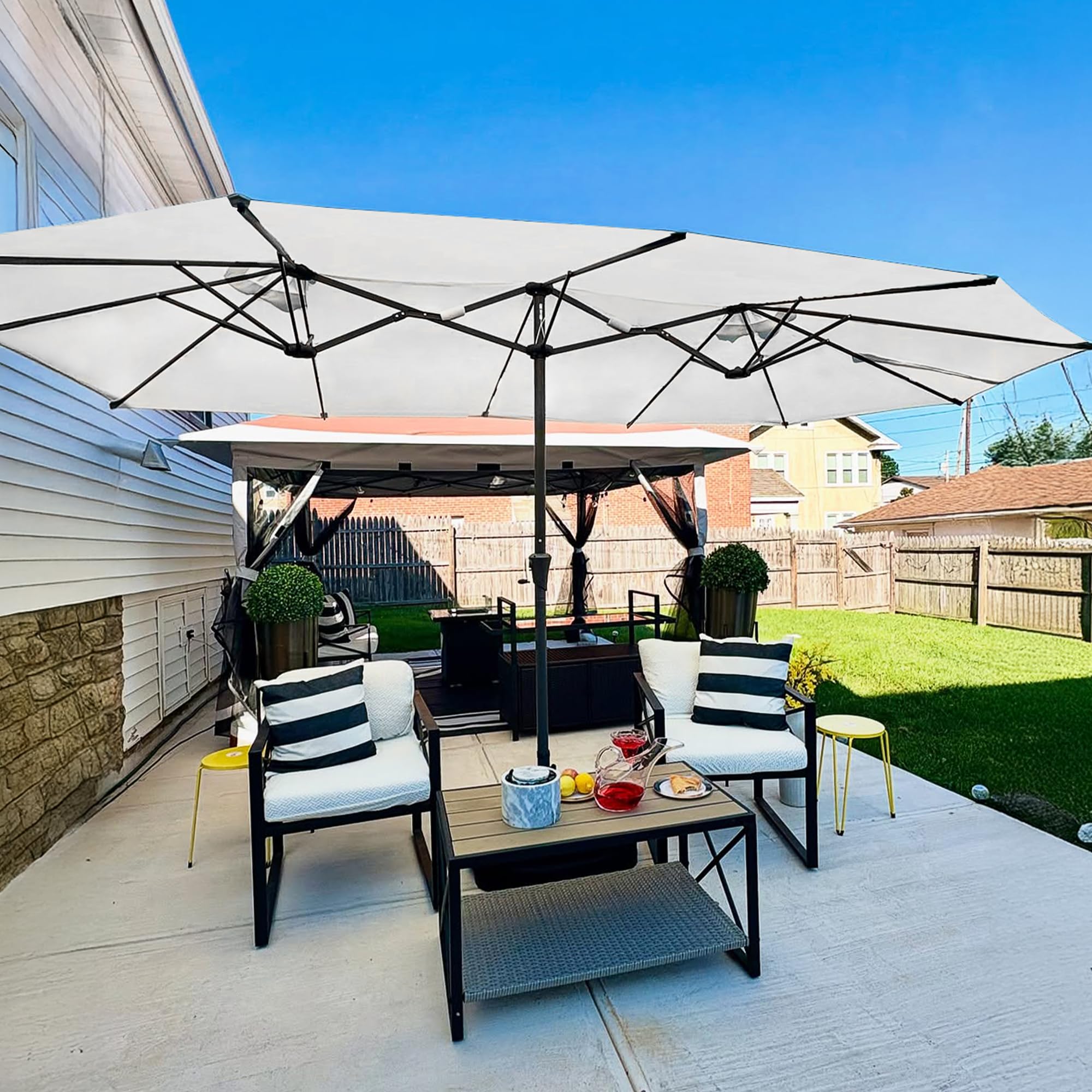 Alt View 1. PURPLE LEAF - 15 ft. Patio Market Umbrella with Base Double-Sided Outdoor Table Sun Umbrellas with Crank for Pool Beach Deck Backyard - White.