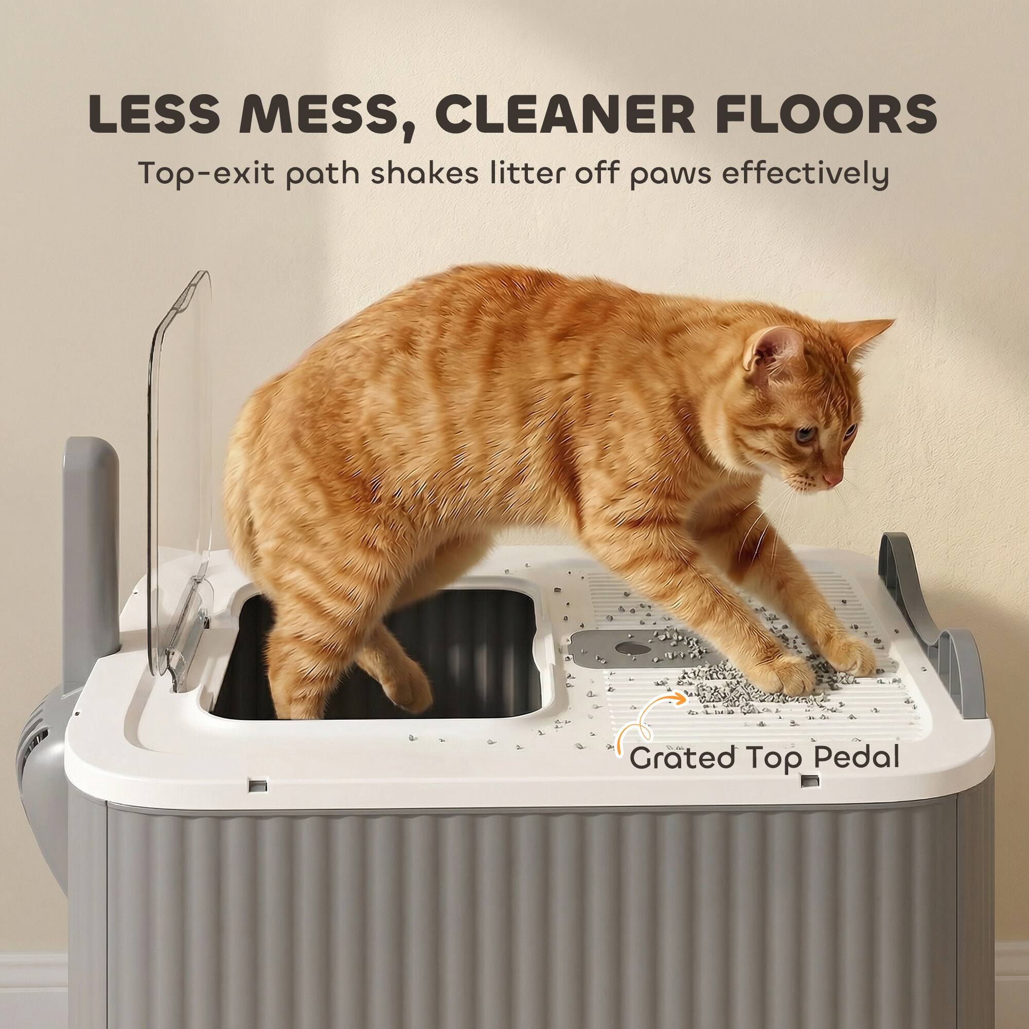 LESS MESS, CLEANER FLOORS  
Top-exit path shakes litter off paws effectively  
Grated Top Pedal