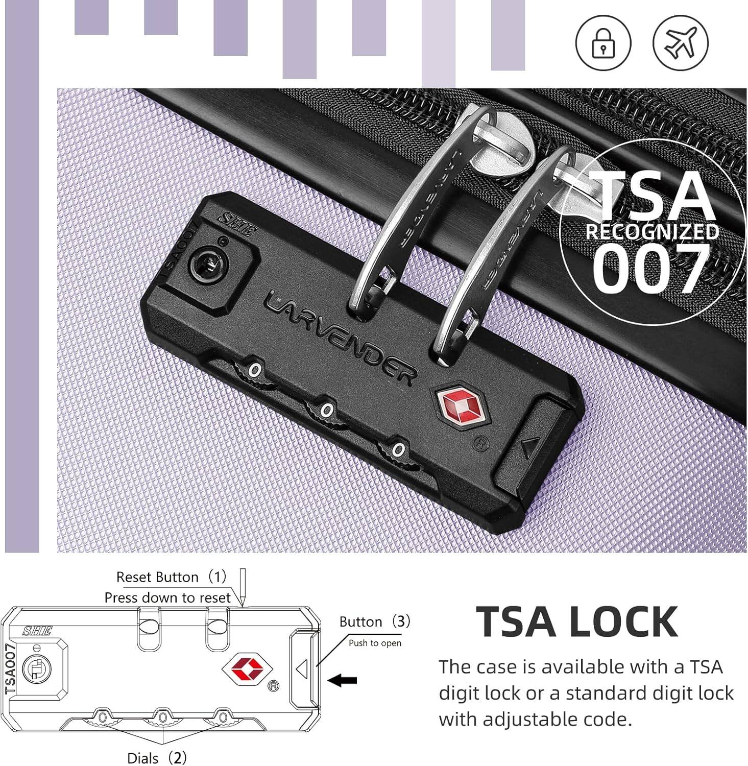 1. TSA RECOGNIZED 007  
   LARVENDER TSA007

2. Reset Button (1)  
   Press down to reset

3. Button (3)  
   Push to open TSA LOCK

The case is available with a TSA digit lock or a standard digit lock with adjustable code.

Dials (2)