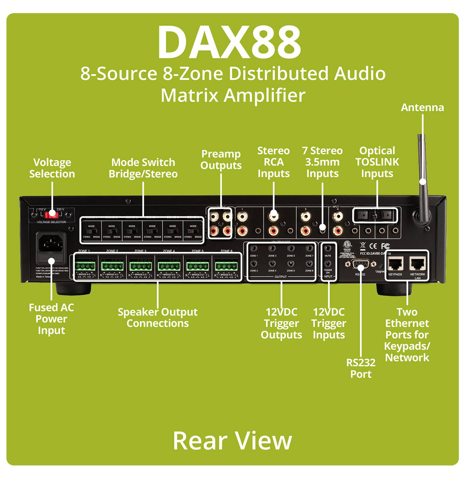 DAX88 8-Source 8-Zone Distributed Audio Matrix Amplifier Antenna

Stereo RCA Inputs
7 Stereo 3.5mm Inputs
Optical TOSLINK Inputs

Voltage Selector
Mode Switch Bridge/Stereo

Preamplifier Outputs

Speaker Output Connections

Fused AC Power Input

12VDC Trigger Outputs
12VDC Trigger Inputs

Two Ethernet Ports for Keypads/Network
RS232 Port

Rear View