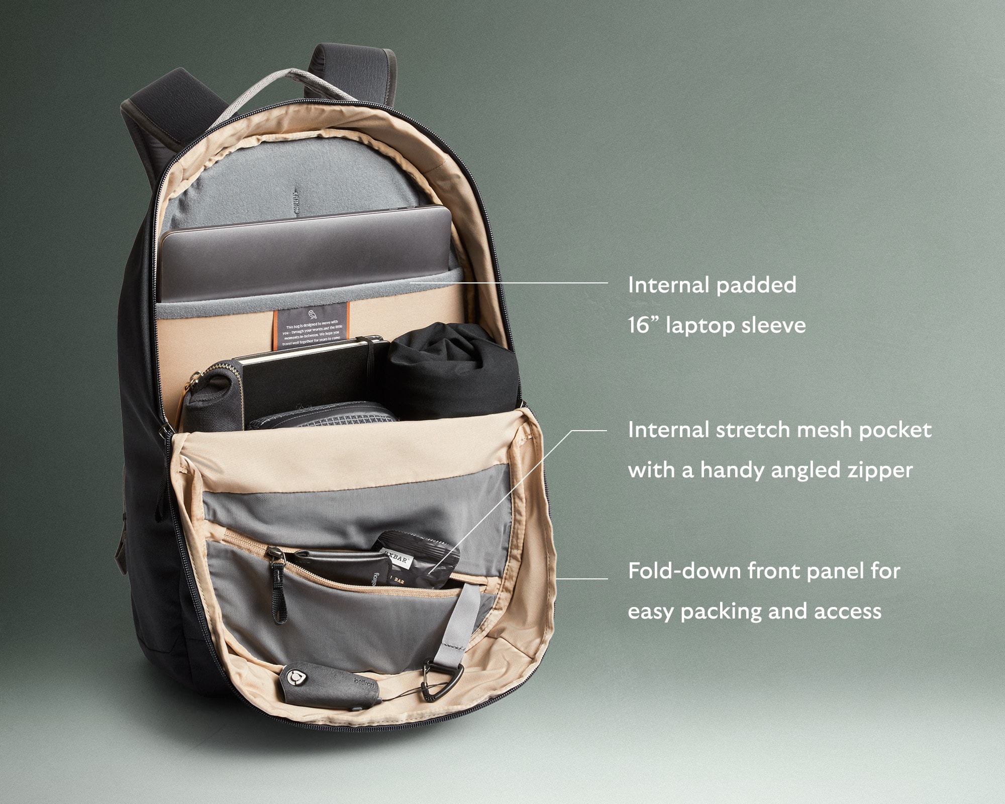 Internal padded 16" laptop sleeve. Internal stretch mesh pocket with a handy angled zipper. Fold-down front panel for easy packing and access.