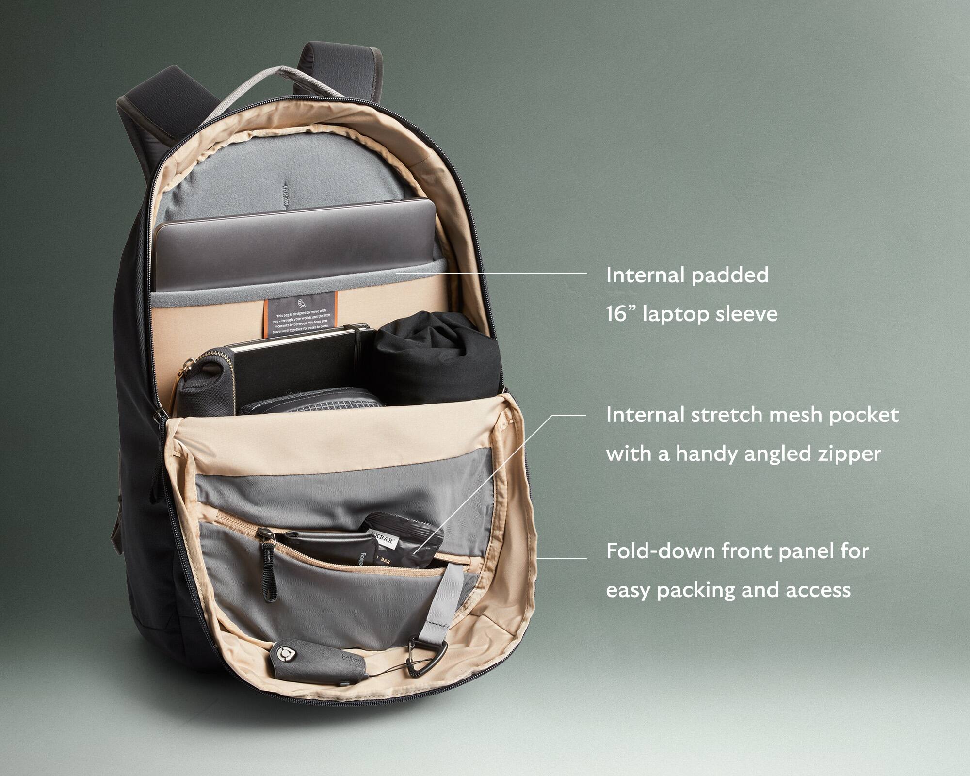 Internal padded 16" laptop sleeve. Internal stretch mesh pocket with a handy angled zipper. Fold-down front panel for easy packing and access.