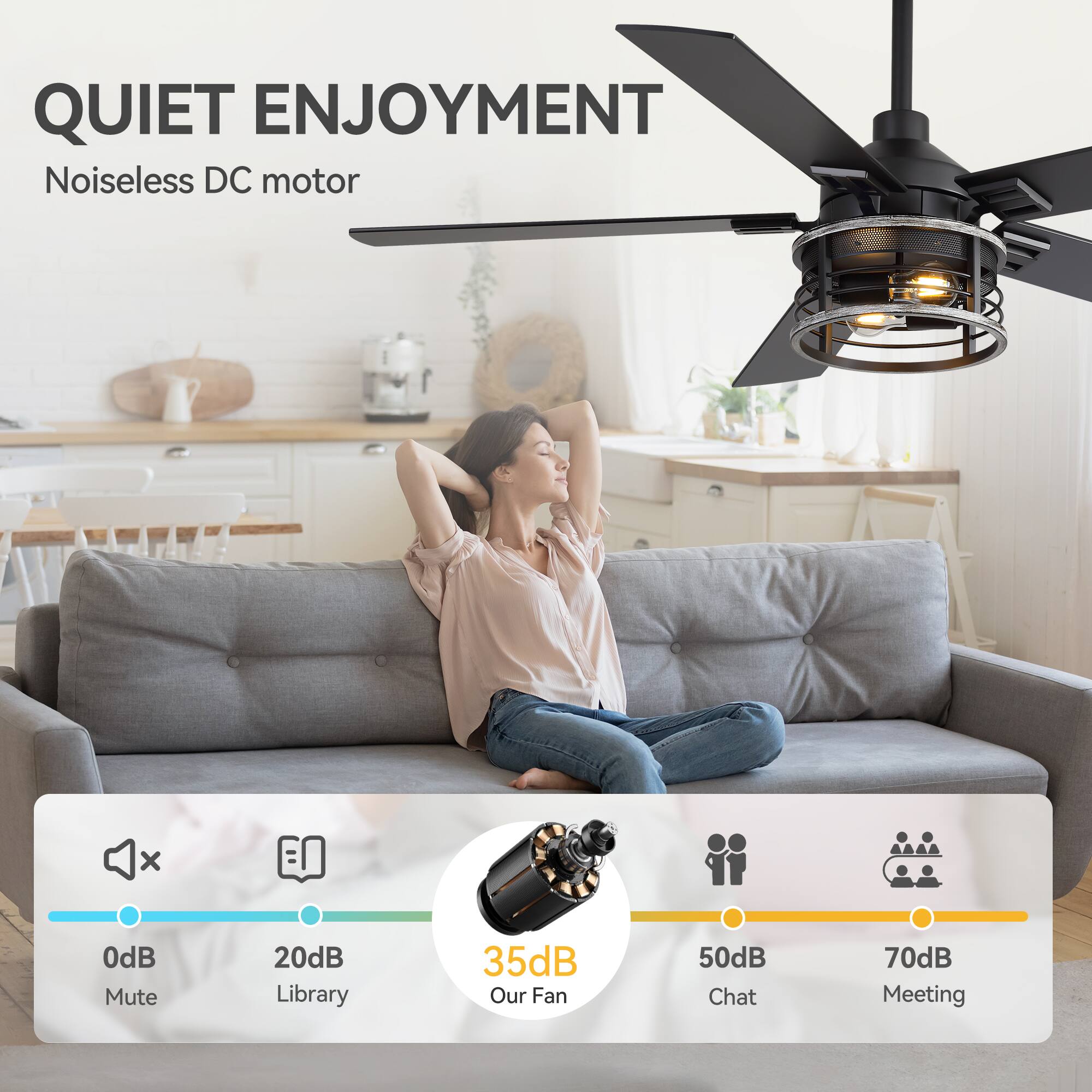 QUIET ENJOYMENT  
Noiseless DC motor  

0dB Mute  
20dB Library  
35dB Our Fan  
50dB Chat  
70dB Meeting