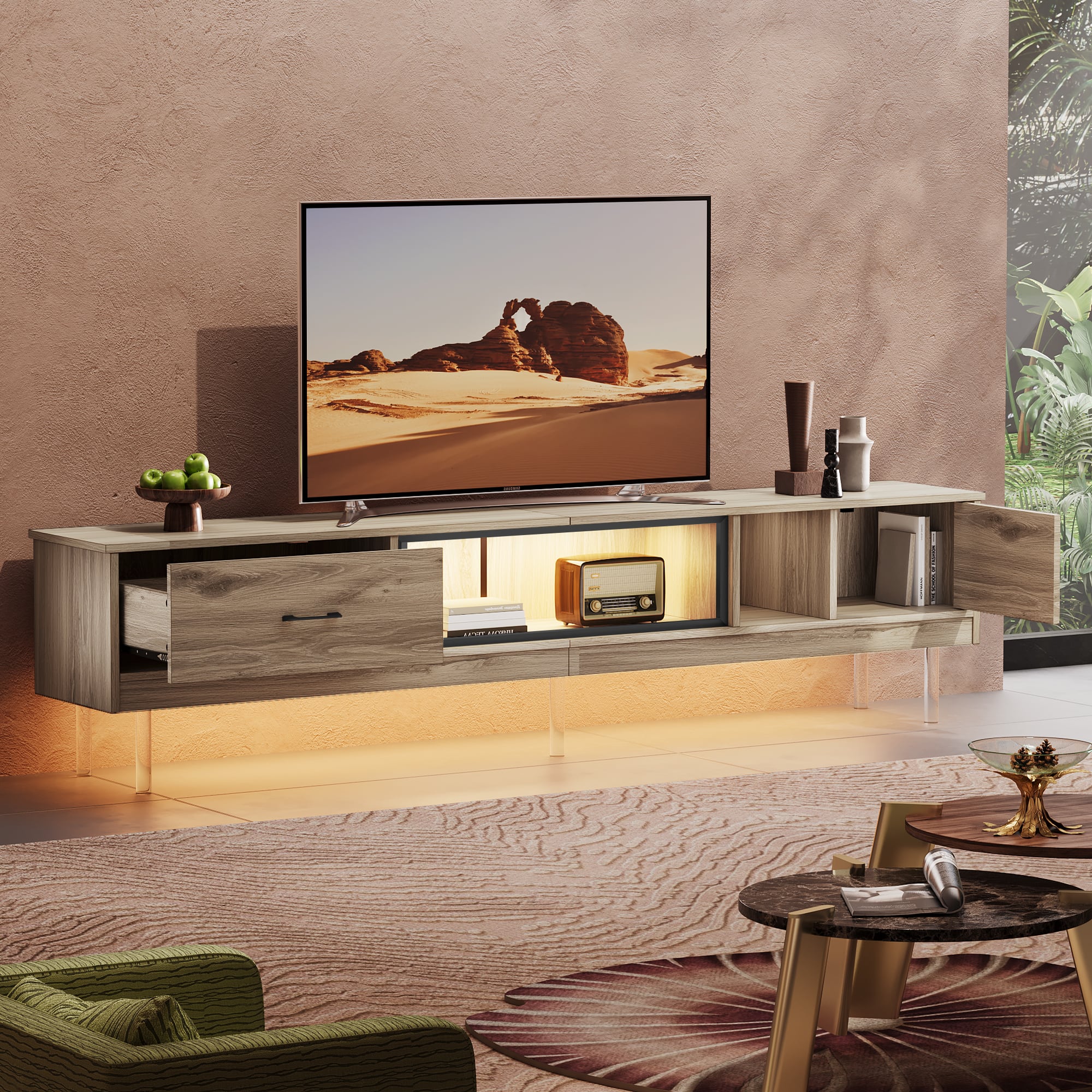 Left. Bestier - Gaming TV Stand for up to 85", 80-inch LED Entertainment Center with Drawer, 2 Cabinets & Acrylic Legs - Pinewood.