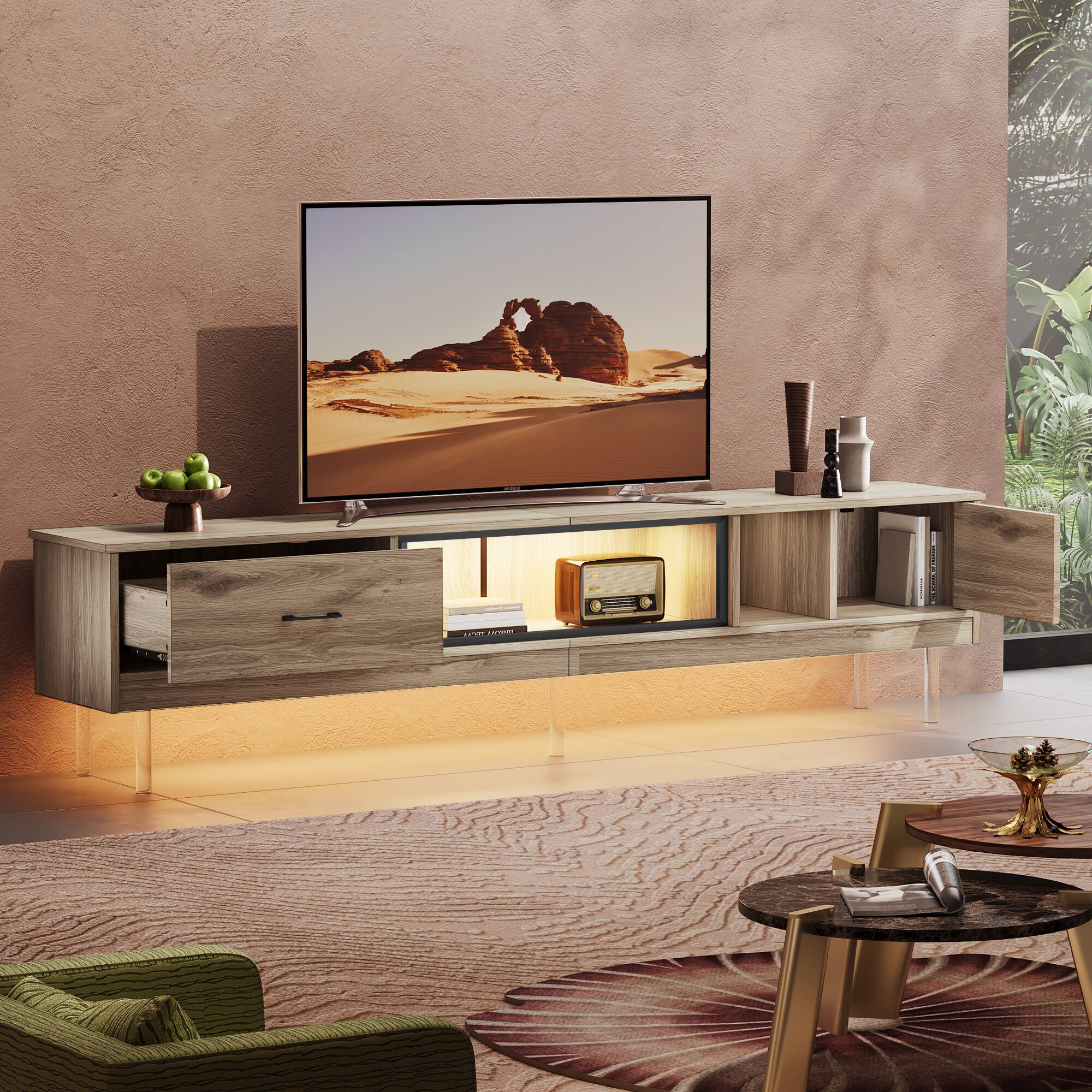 Left. Bestier - Gaming TV Stand for up to 85", 80-inch LED Entertainment Center with Drawer, 2 Cabinets & Acrylic Legs - Pinewood.