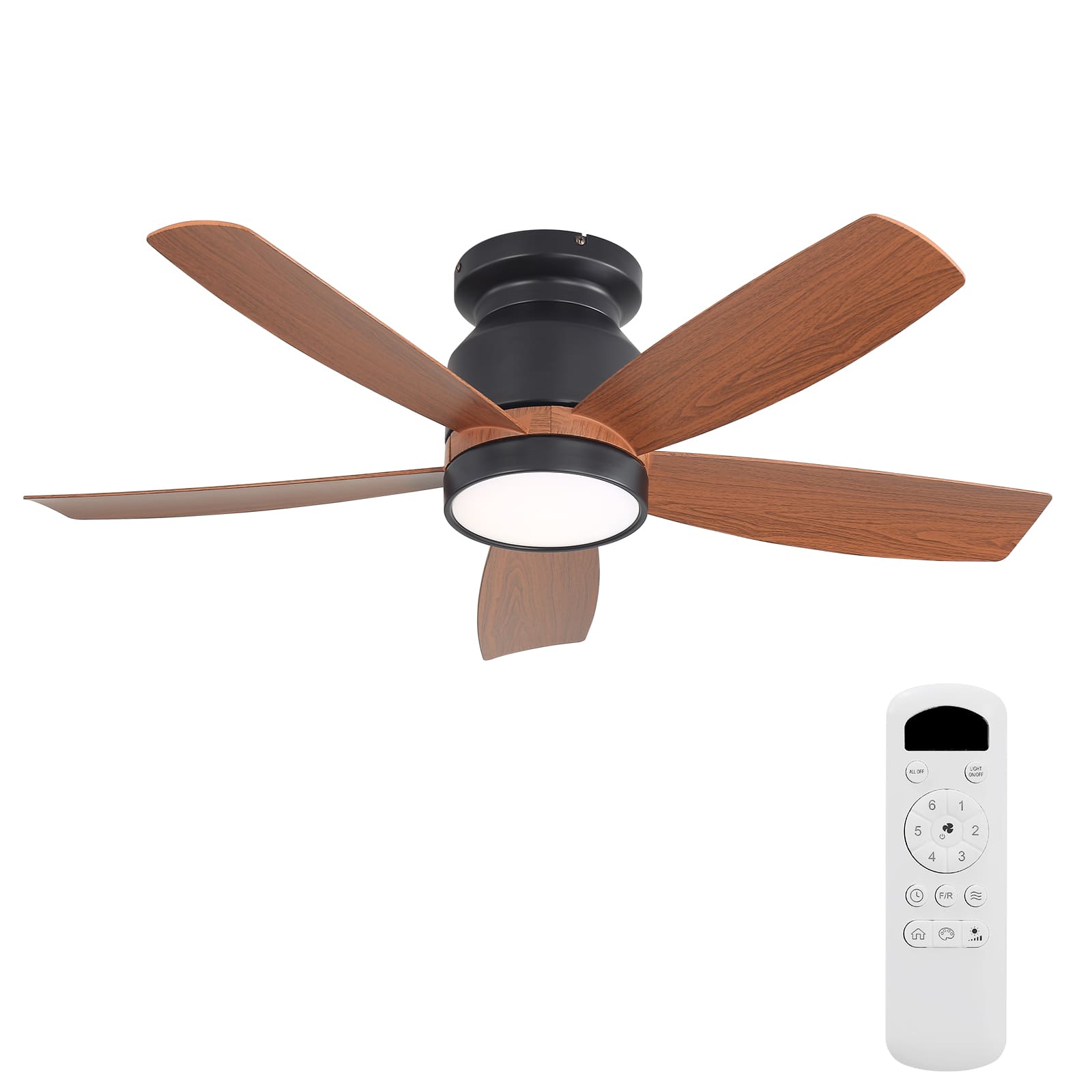 Sofucor - 42 Inch Flush Mount Ceiling Fan with Lights & Remote Ultra Quiet 6-Speed DC Motor Bedroom Modern Low Profile Fan - Black Brown