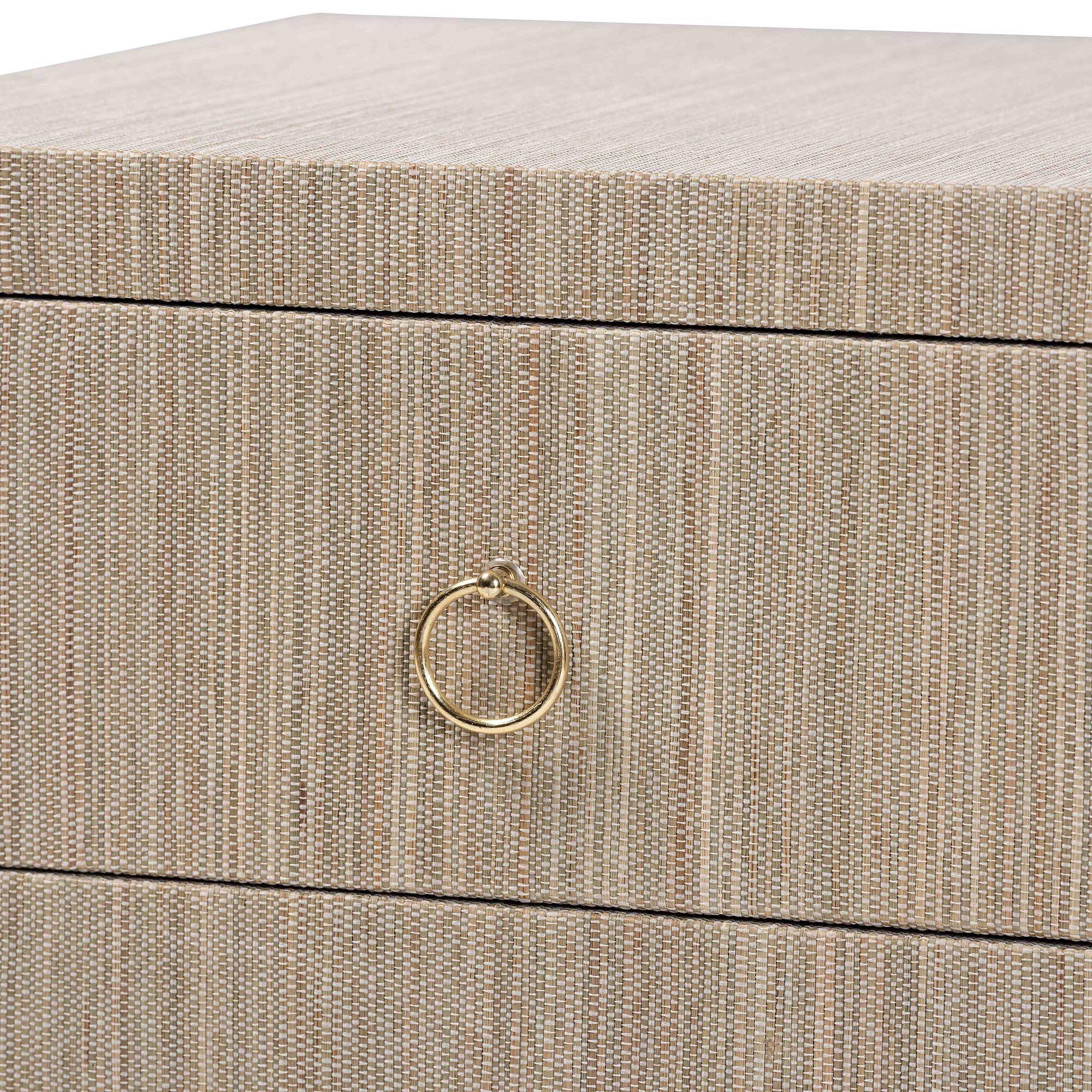 Alt View 2. bali & pari - Juniper Grasscloth Nightstand with Scalloped Base - Woven Texture 2-Drawer Bedside Table with Gold Ring Pulls - Beige/Gold.