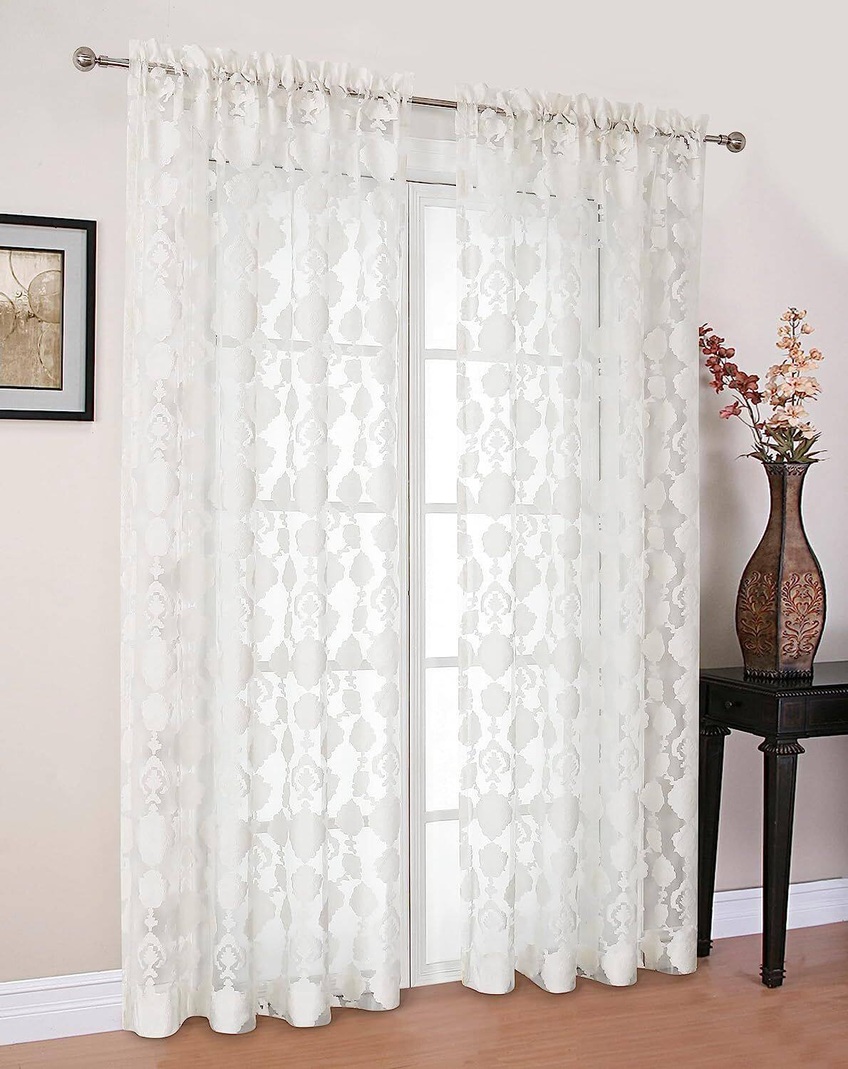 Front. Kate Aurora - Moroccan Accents by Kate Aurora 1 Piece Rod Pocket Clipped Elegant Sheer Curtain Panel - Beige - Beige.
