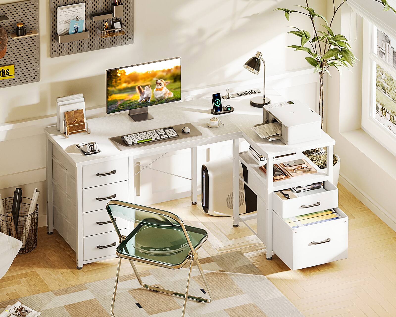 Alt View 2. AODK - Reversible L Shaped Desk with 5 Drawers & File Drawer, Computer Table with Power Outlet and Open Storage Shelf - White.