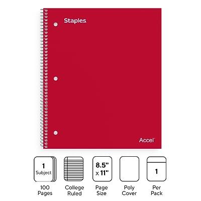 Staples Accel 1 Subject 8.5" x 11" 100 Pages College Ruled Page Size Poly Cover Per Pack