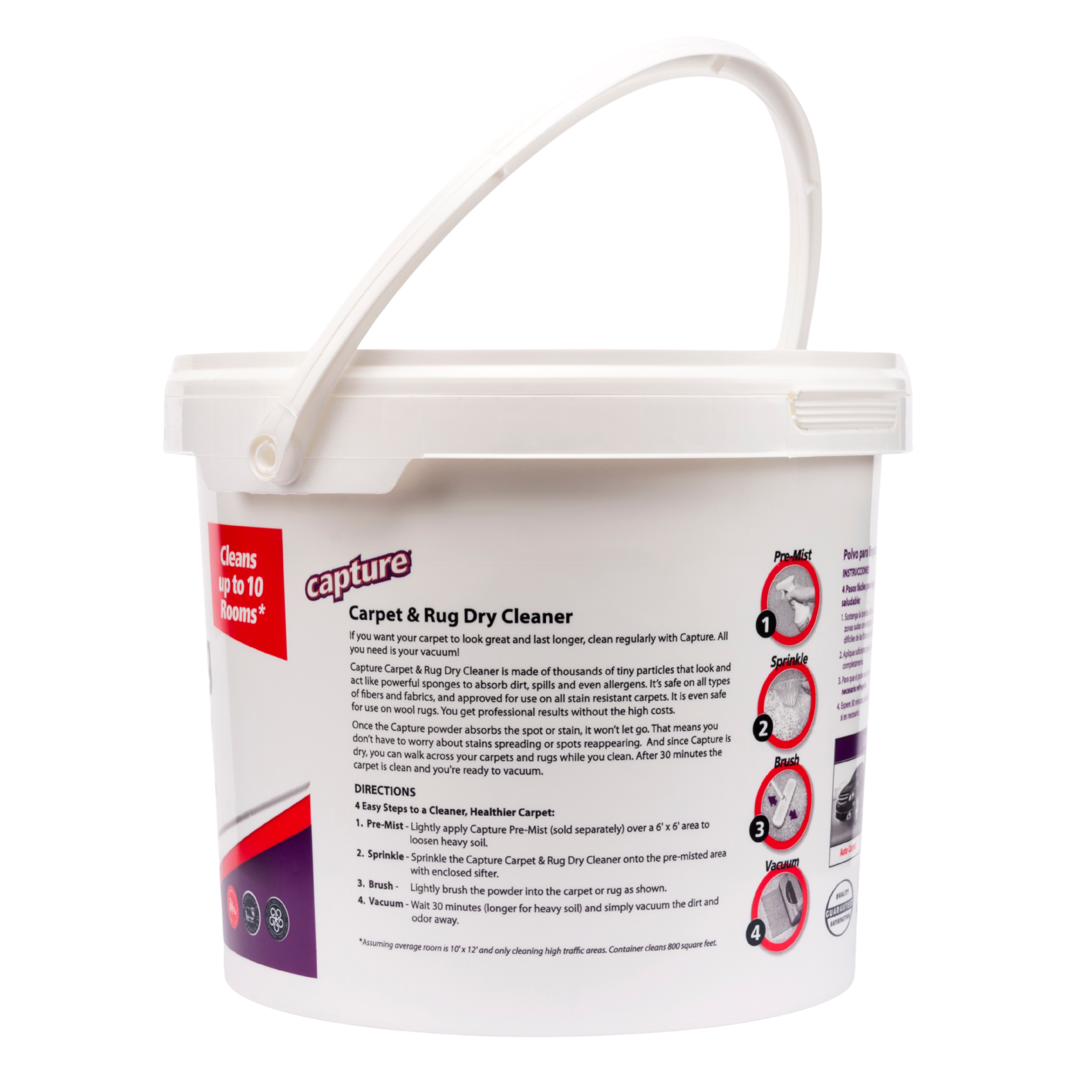 **Capture Carpet & Rug Dry Cleaner**

**Cleans up to 10 Rooms***

If you want your carpet to look great and last longer, clean regularly with Capture. All Capture Carpet & Rug Dry Cleaner is made of thousands of tiny particles that look and work like powerful sponges to absorb dirt, spills, and even allergens. It's even safe for use on wool rugs. You get professional results without the high costs. Once the Capture powder absorbs the spot, the stain won't come back. And since Capture is dry, you can walk across your carpets and rugs while they're cleaning. After 30 minutes, your carpets and rugs are clean and you're ready to vacuum.

**4 Easy Steps to a Cleaner, Healthier Carpet:**

1. **Pre-Mist:** Lightly apply Capture Pre-Mist (sold separately) over a 6' x 6' area to loosen heavy soil.
2. **Sprinkle:** Sprinkle the Capture Carpet & Rug Dry Cleaner onto the pre-misted area with enclosed sifter.
3. **Brush:** Lightly brush the powder into the fibers.
4. **Vacuum:** Wait 30 minutes (longer for heavy soil) and simply vacuum away.

*Maximum average rooms: 